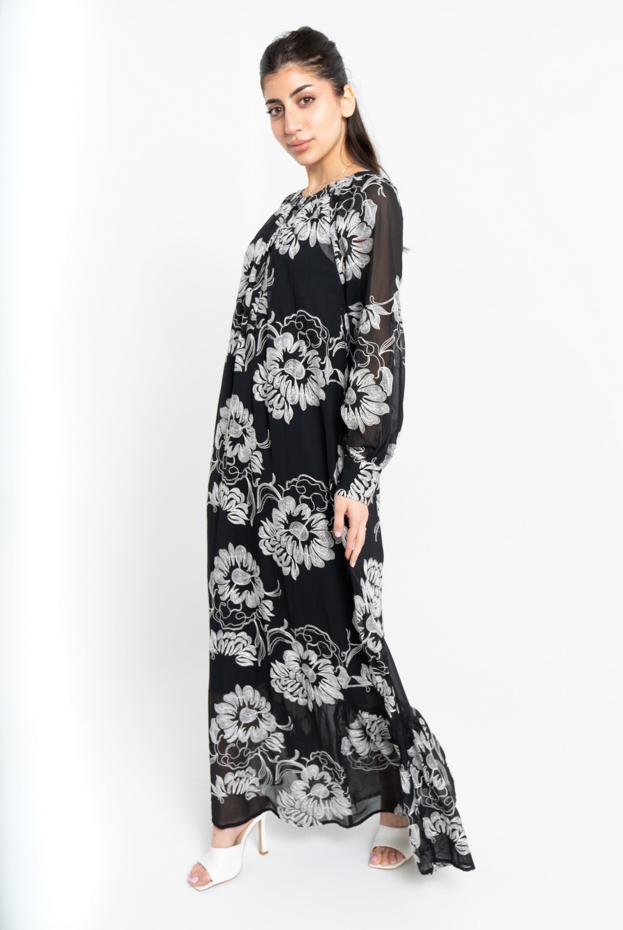 نتشي فستان ماكسي شفاف مورد كم طويل بف نسائي