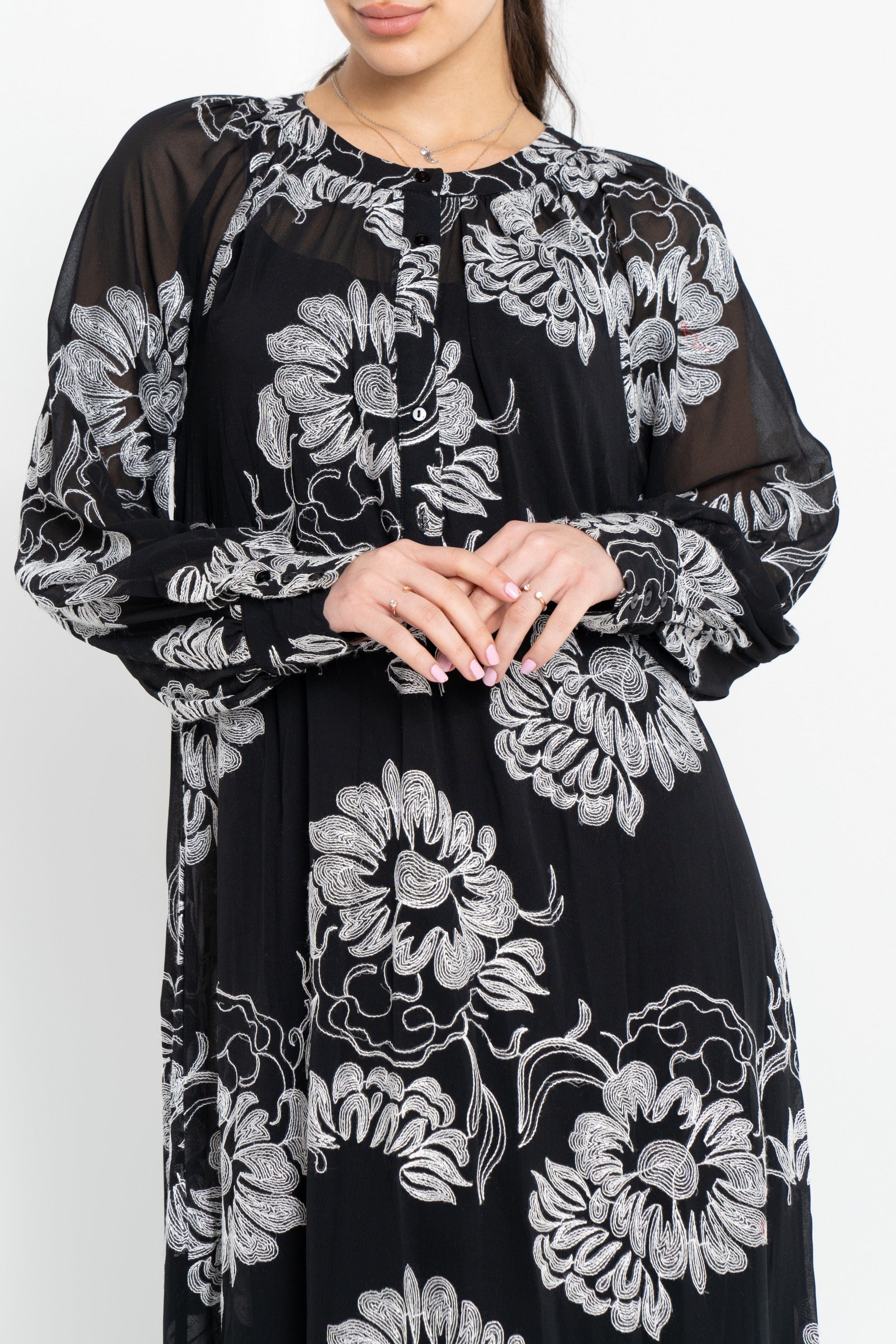 نتشي فستان ماكسي شفاف مورد كم طويل بف نسائي