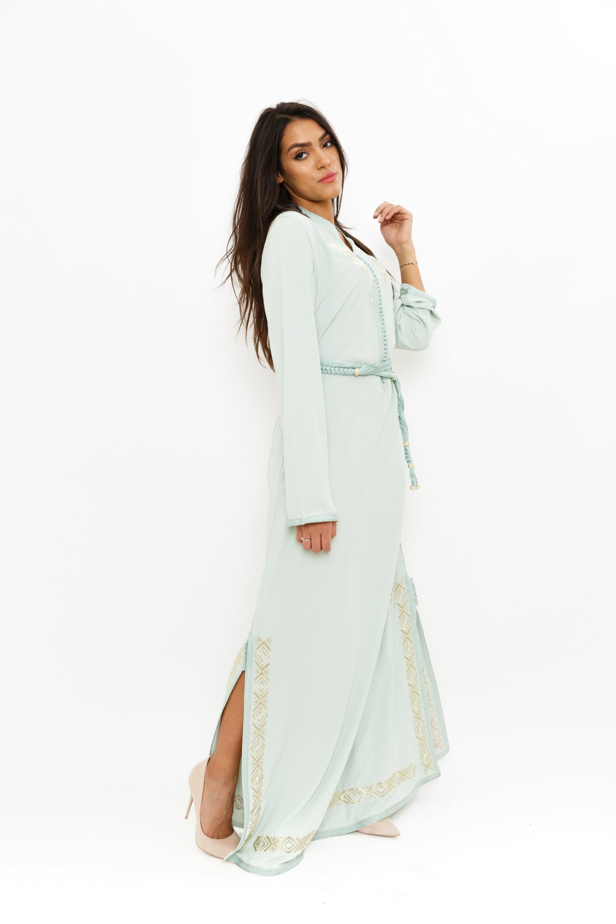 ديامانتين قفطان طويل بحزام على الخصر كم طويل