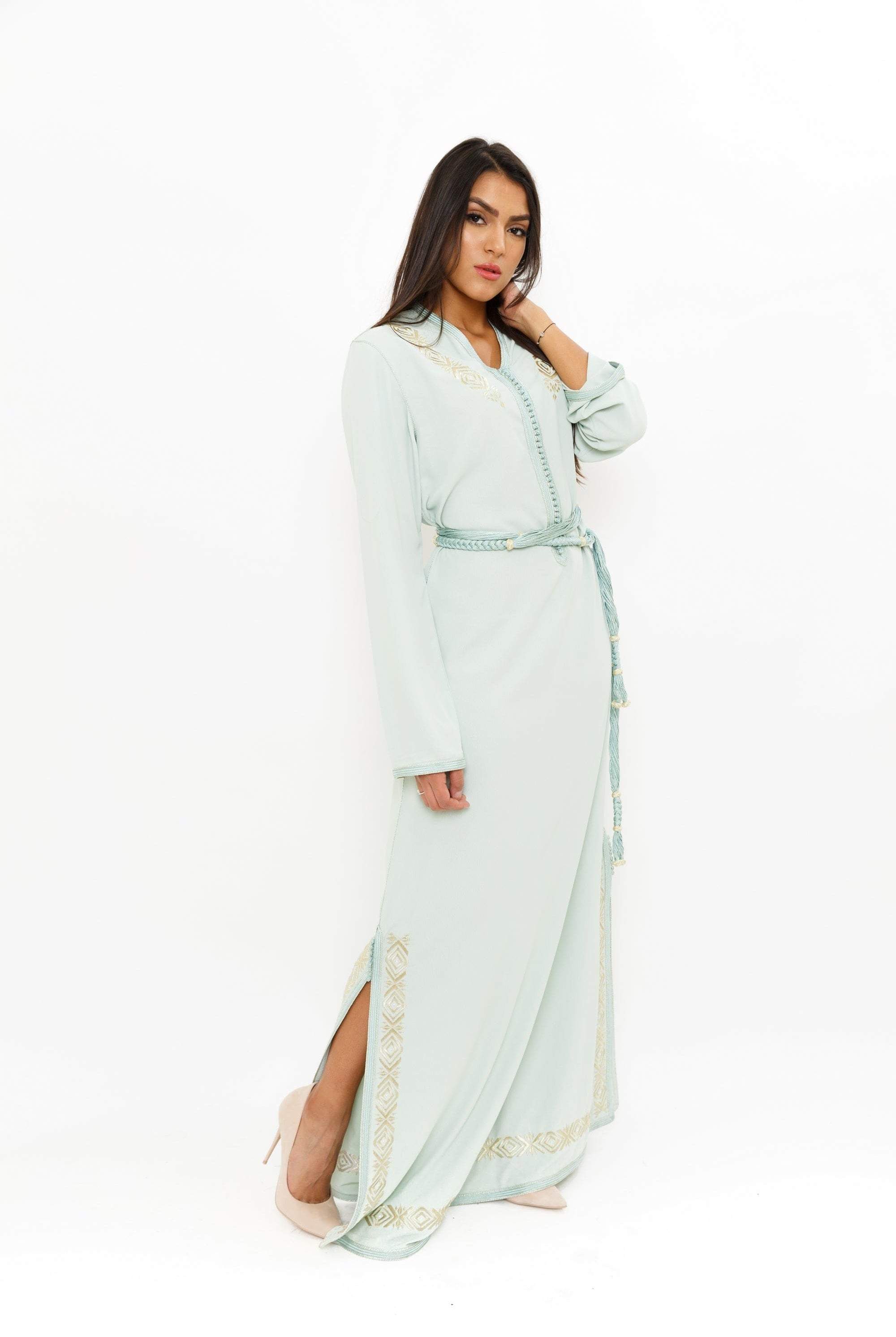 ديامانتين قفطان طويل بحزام على الخصر كم طويل