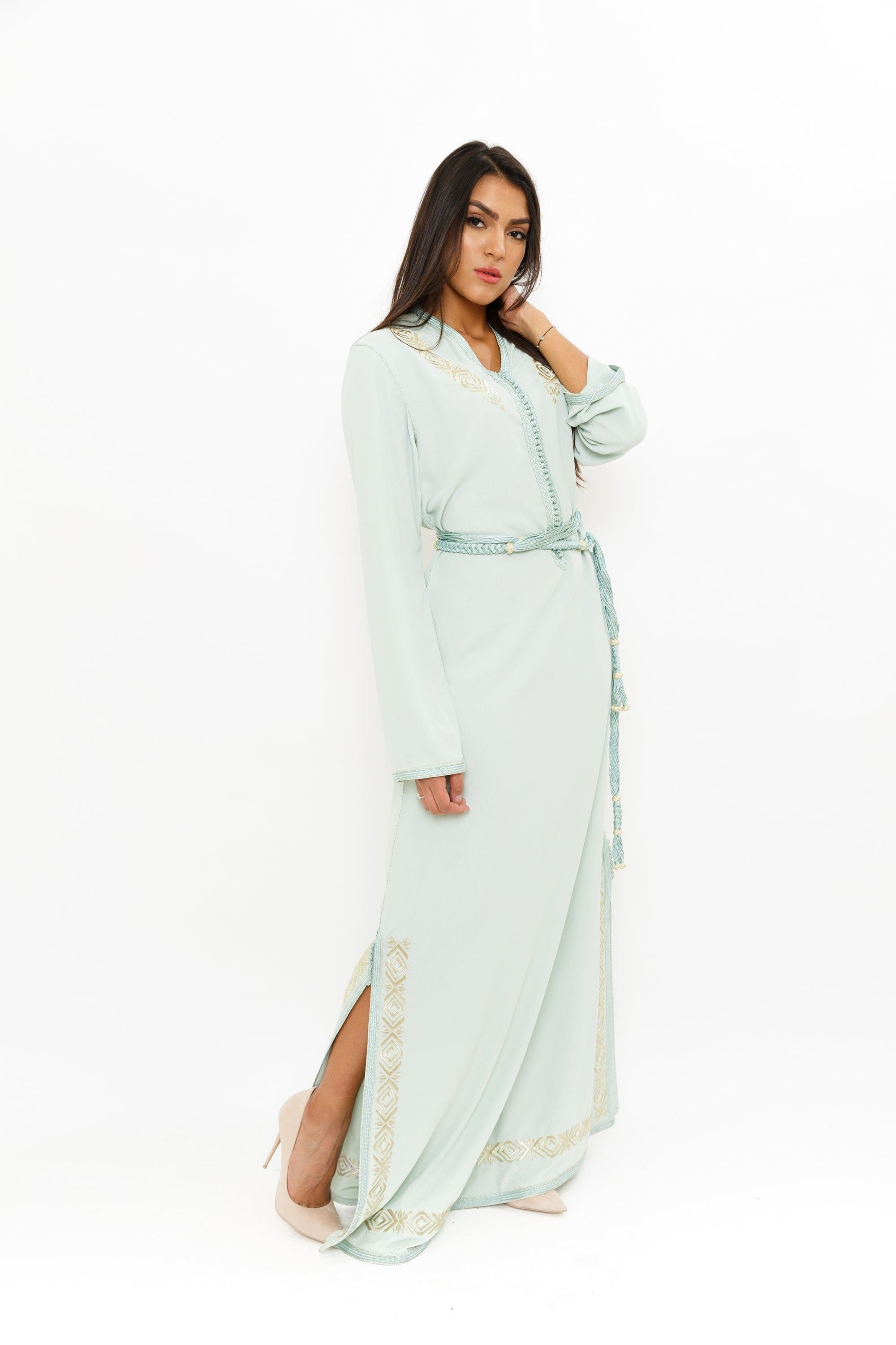 ديامانتين قفطان طويل بحزام على الخصر كم طويل