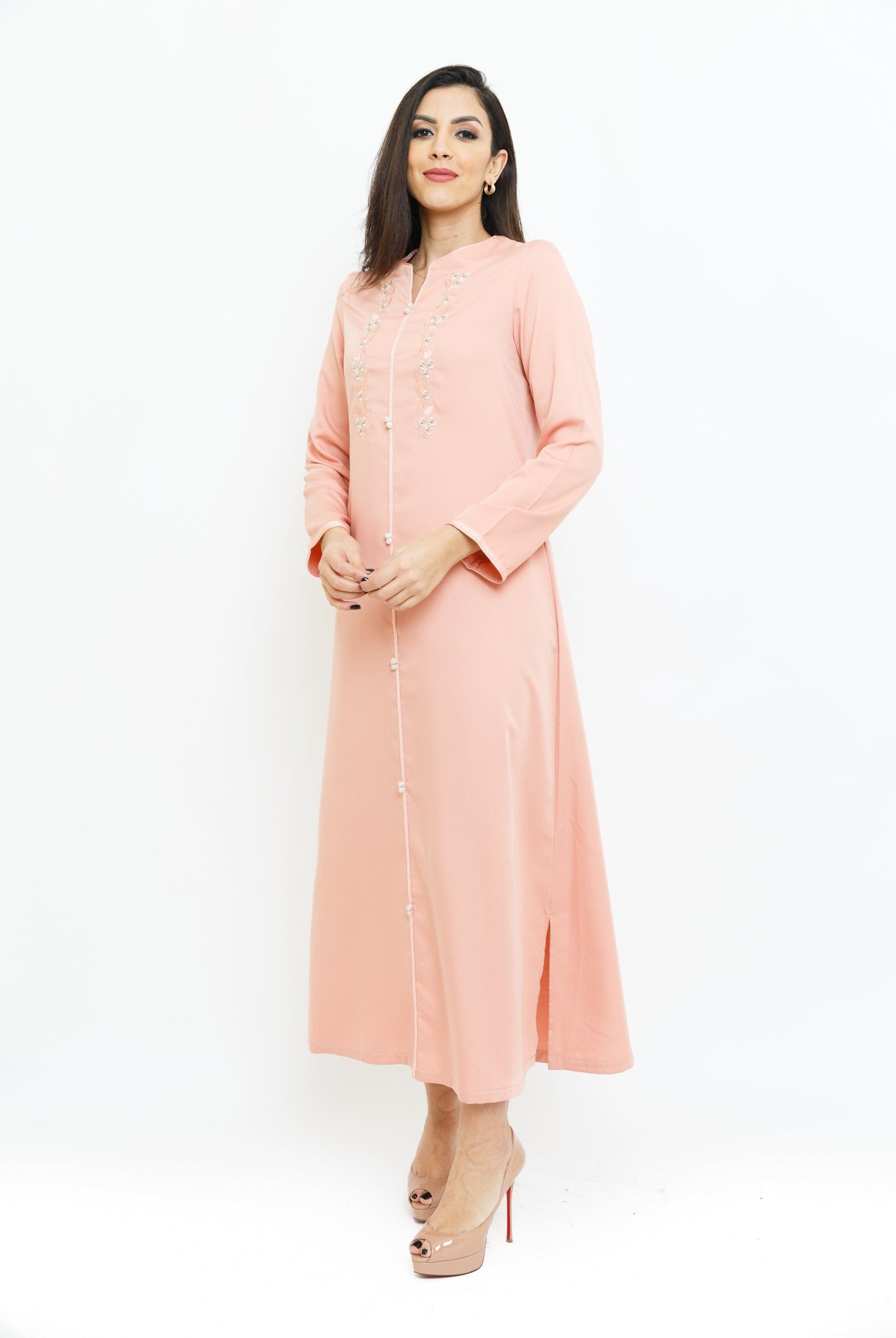 ديامانتين جلابية مغربية للنساء من البوليستر مفتوحة من الجوانب ومزينة على الصدر بيج