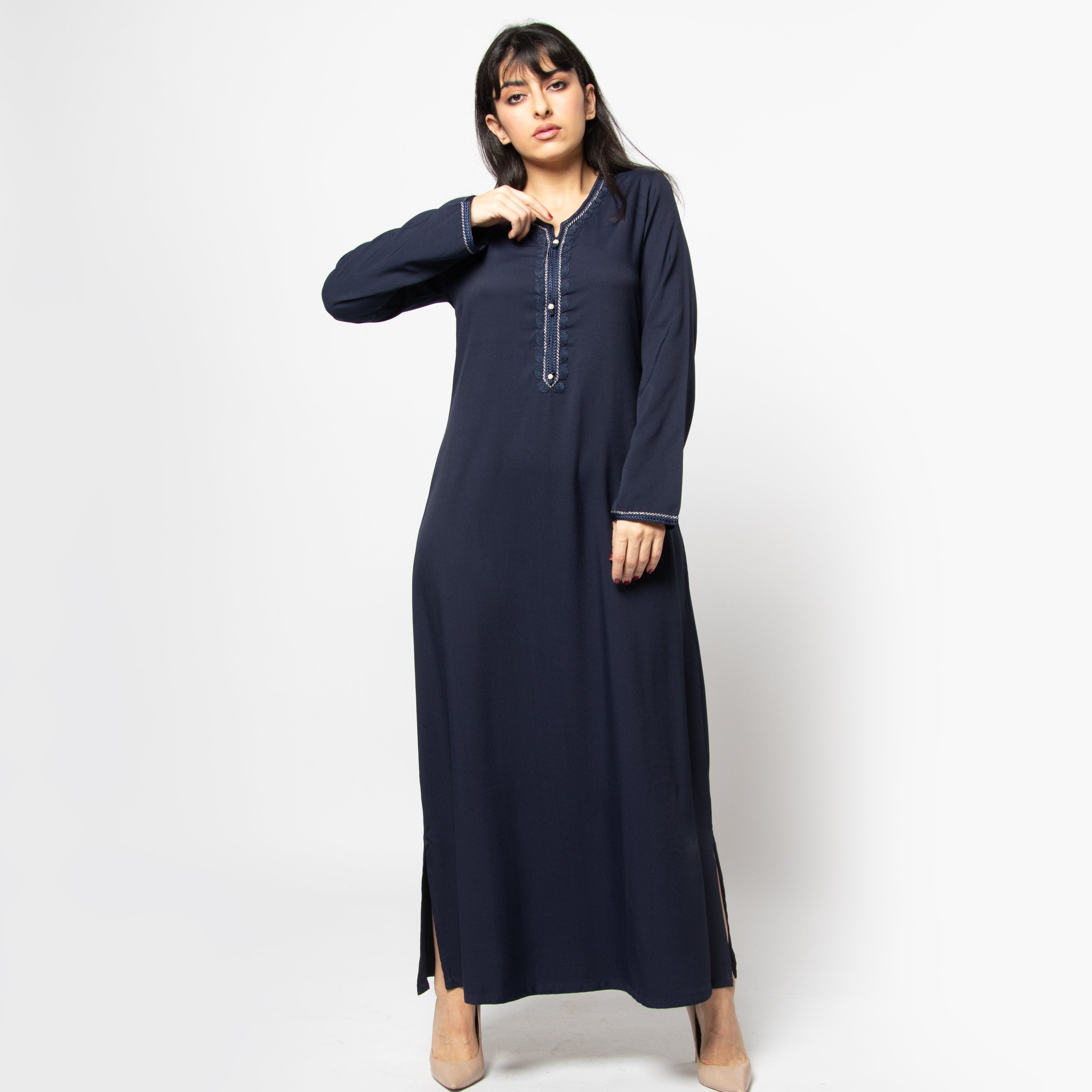 ديامانتين جلابية للنساء باكمام طويلة مزينة بتطريز على الصدر ونهاية الاكمام أزرق غامق