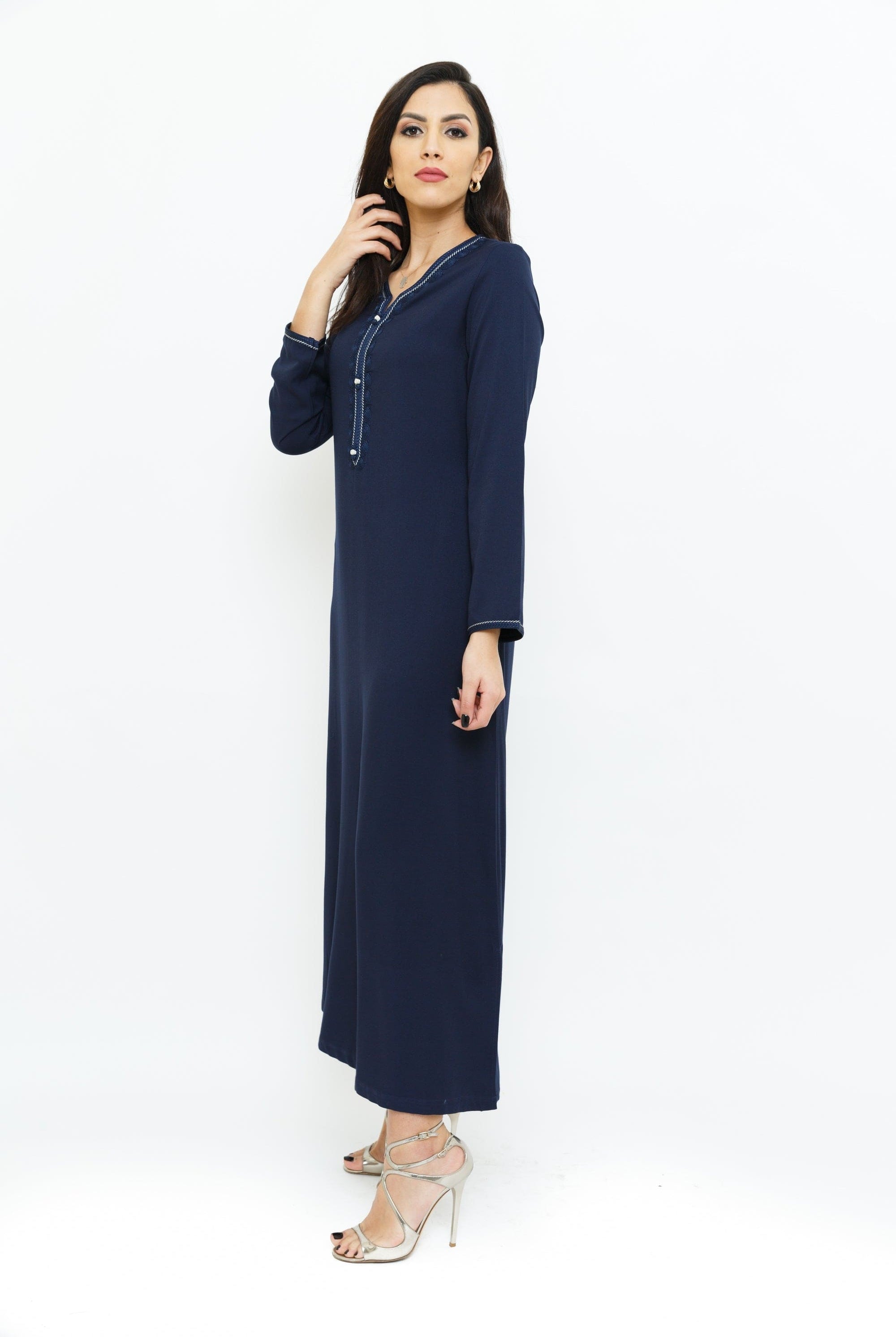 ديامانتين جلابية للنساء باكمام طويلة مزينة بتطريز على الصدر ونهاية الاكمام أزرق غامق