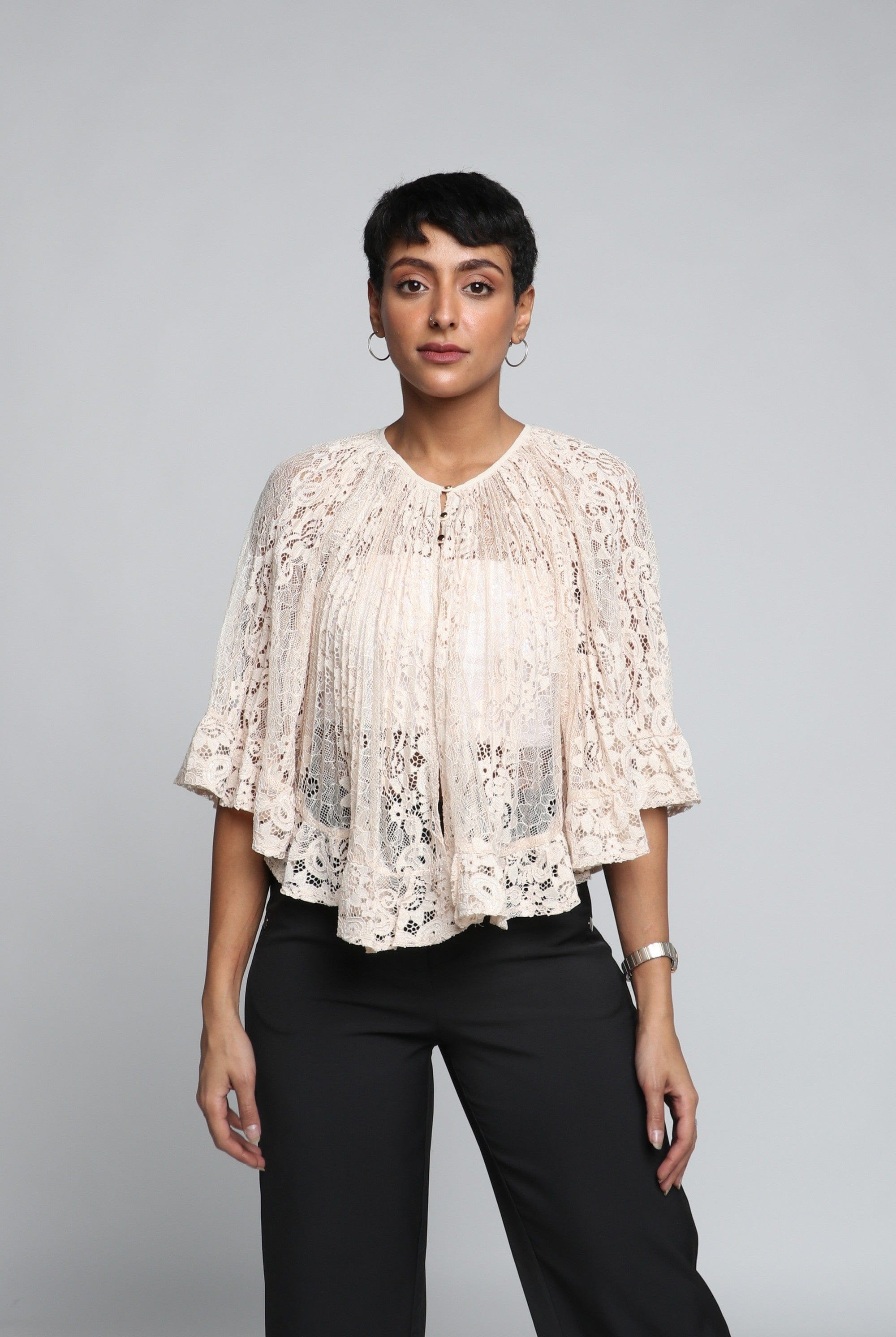 نتشي كارديجان قصير مخرم 3/4 كم نسائي بيج