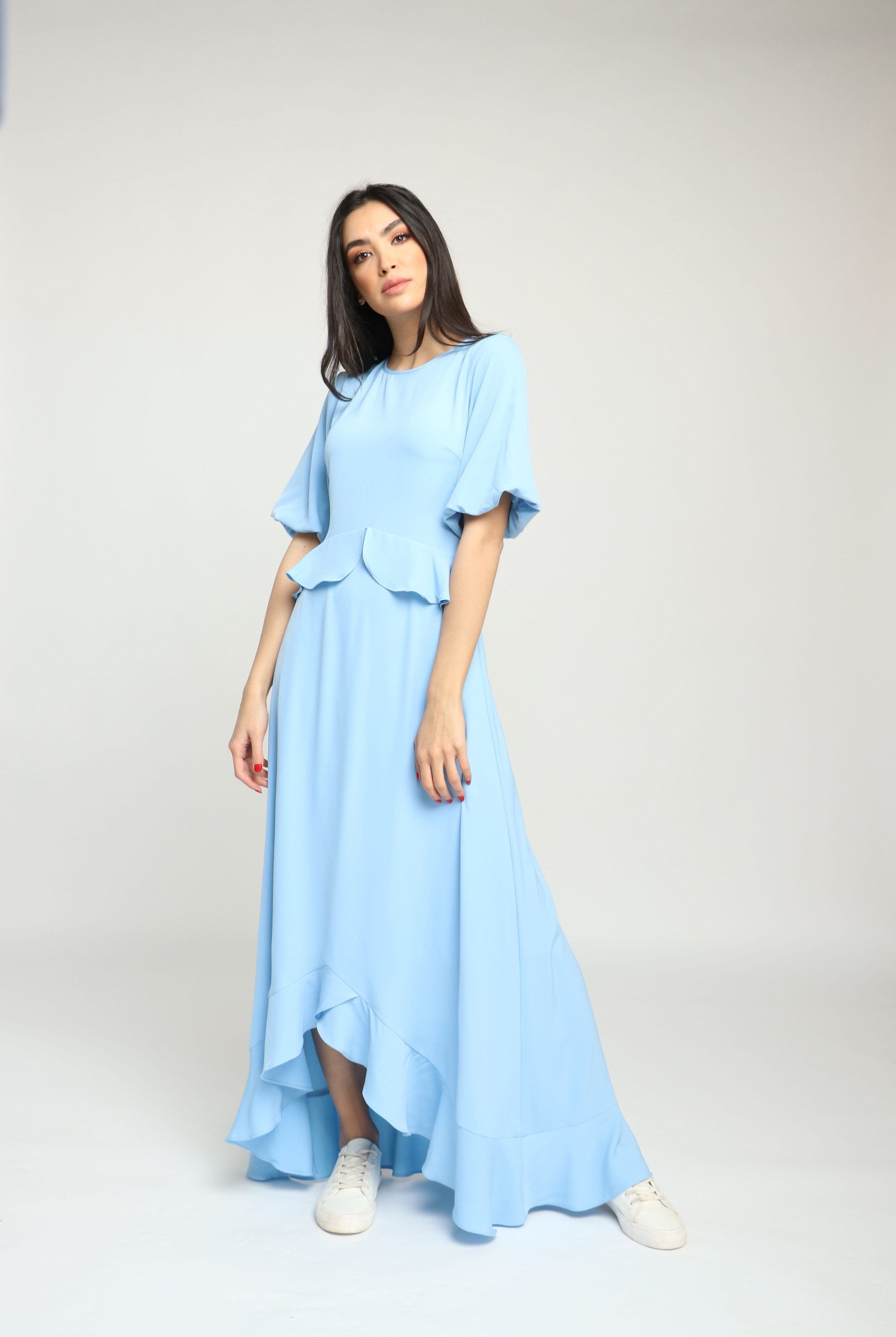 نتشي فستان رسمي طويل سادة مكشكش كم قصير