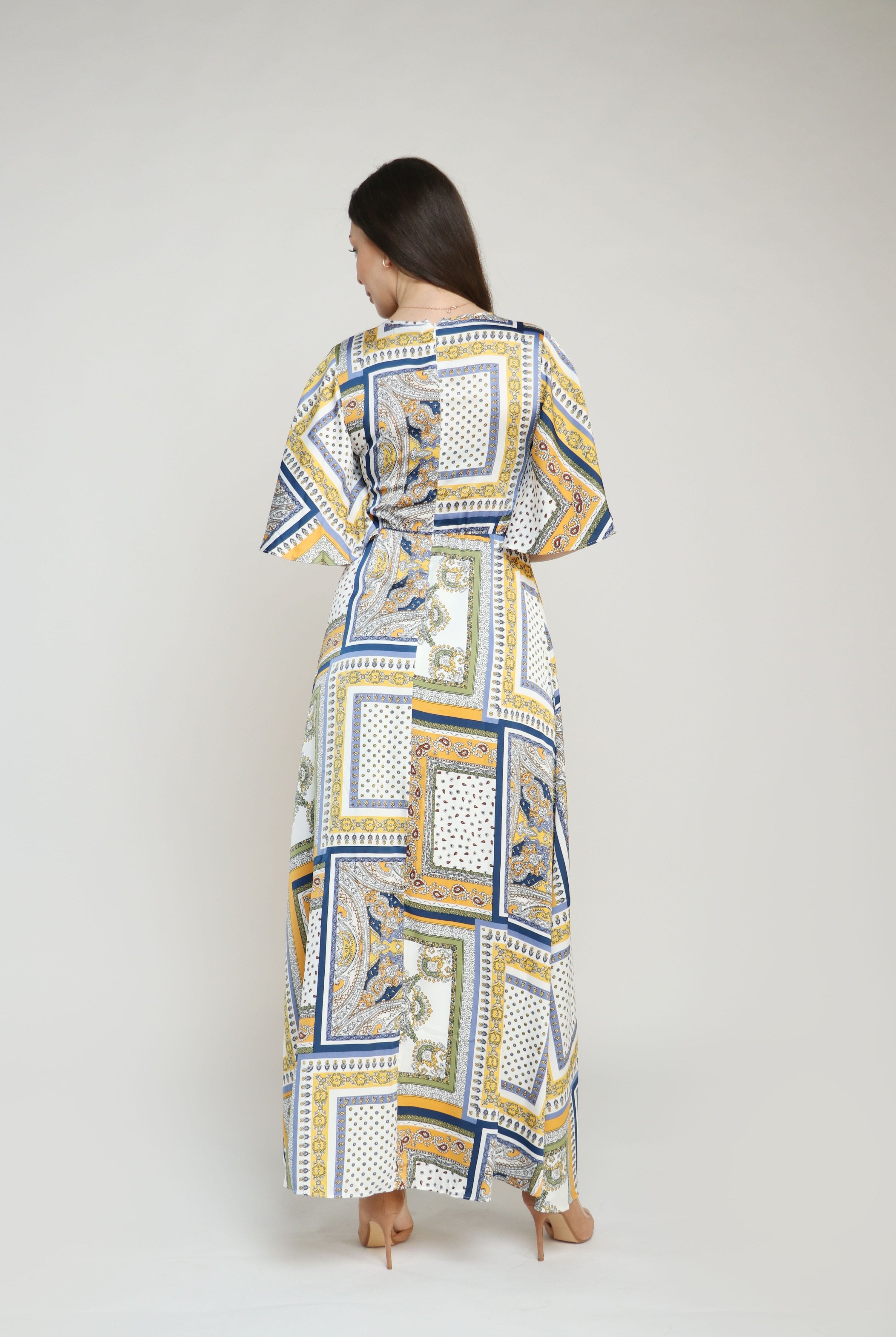 نتشي فستان طويل بوليستر مطبوع كم قصير واسع