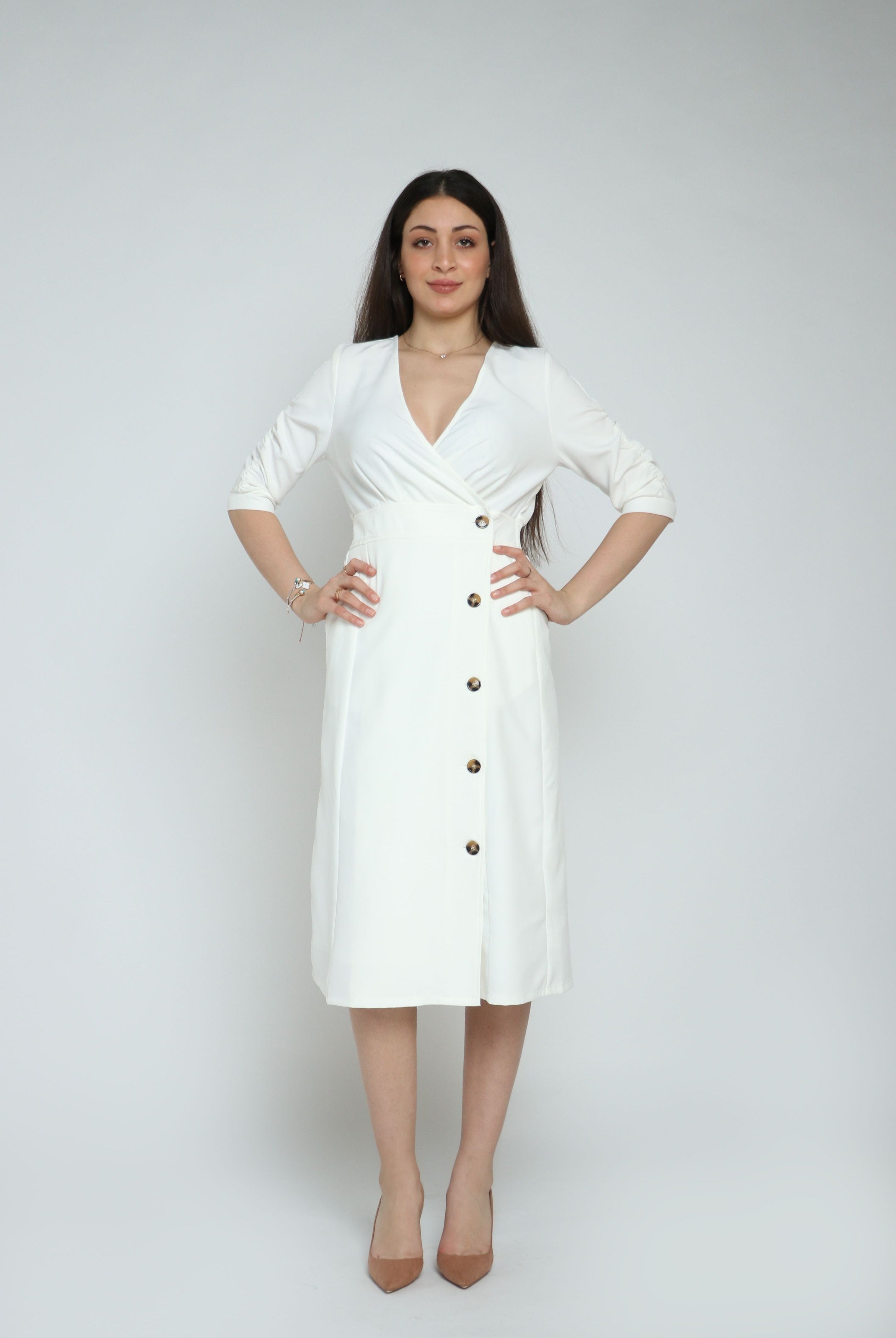 نتشي فستان فورمال بأزرار أمامية كم طويل نسائي