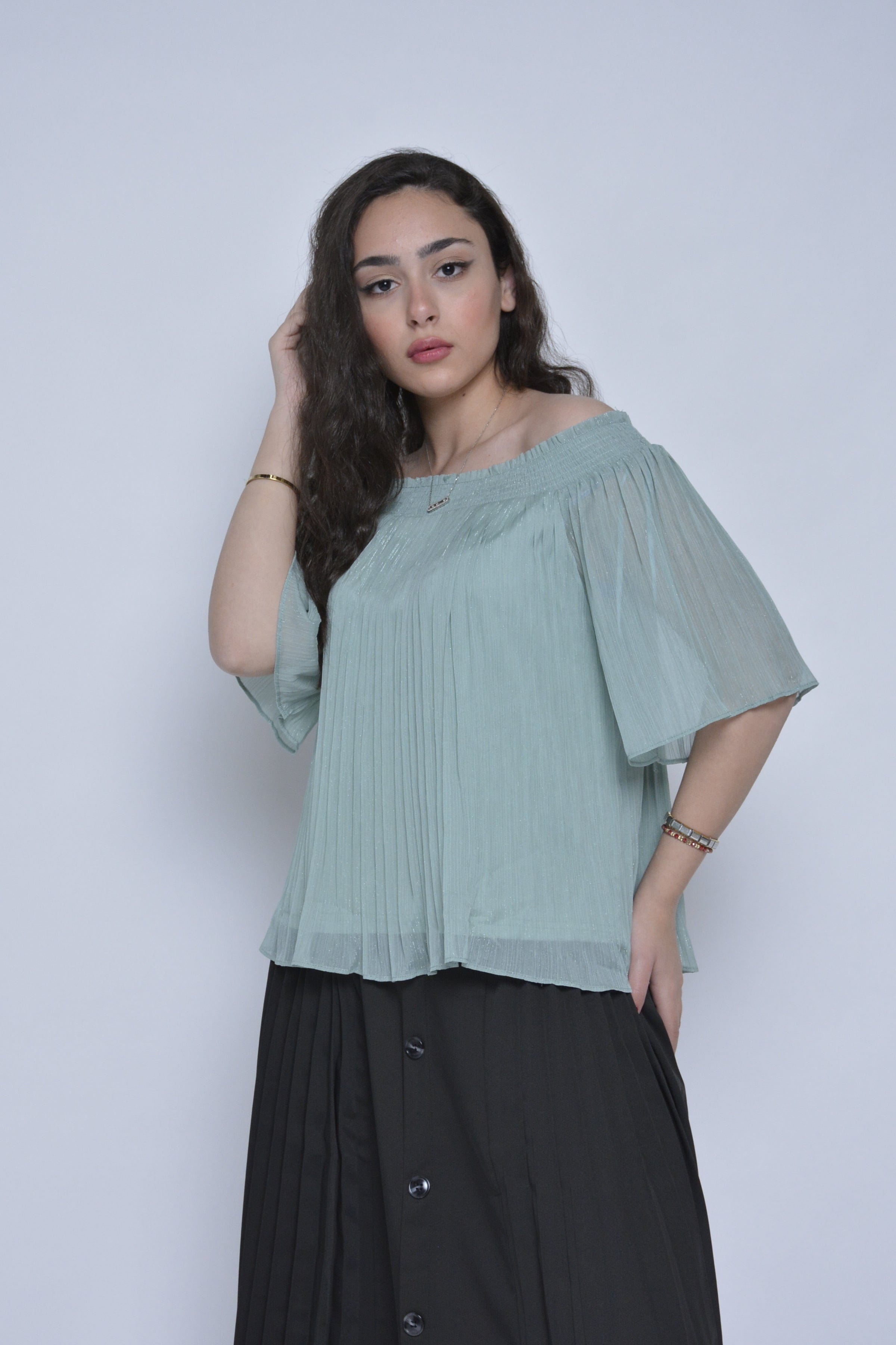 نتشي بلوزة سادة واسعة شيفون مبطن بأكمام قصيرة واسعة نسائي