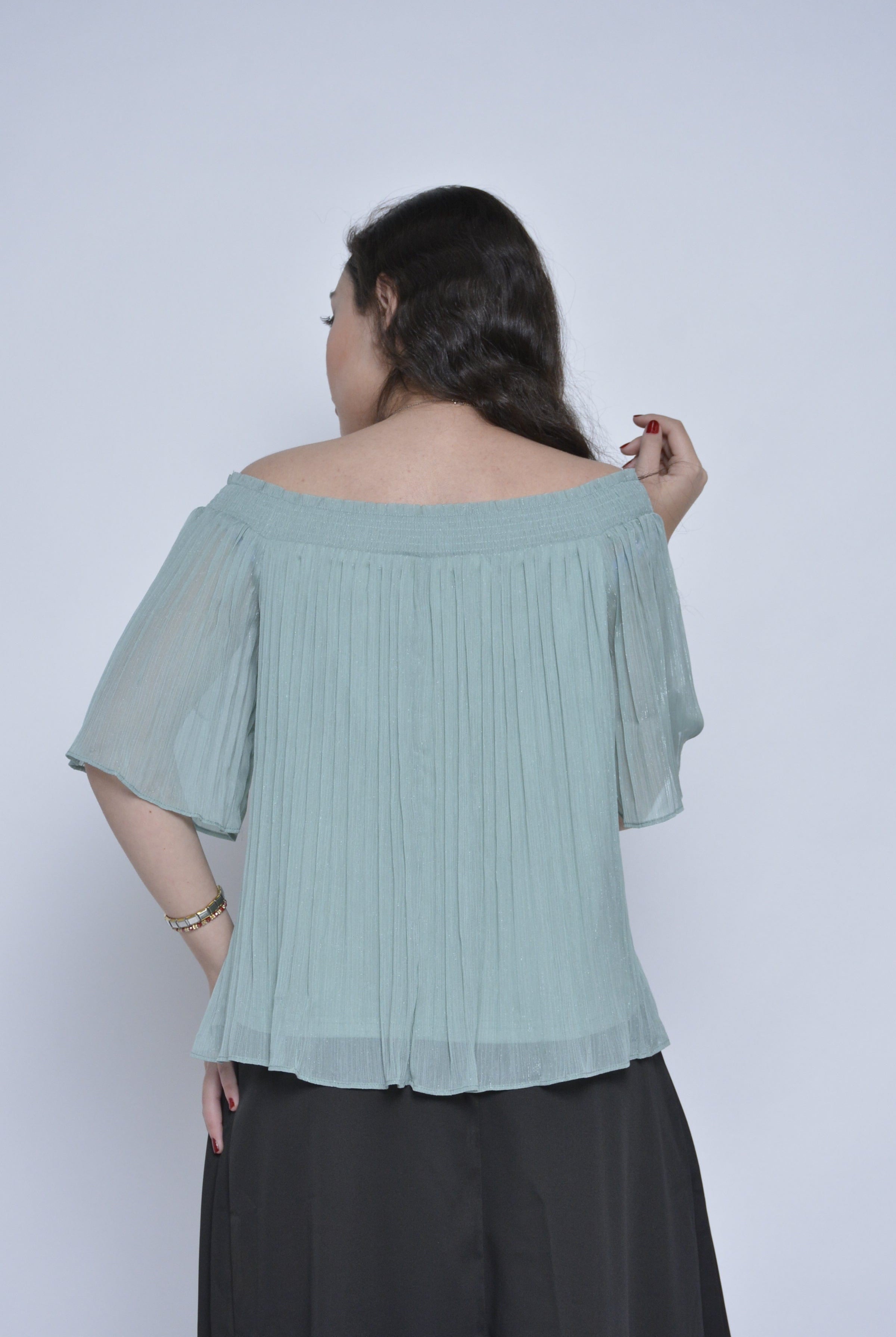 نتشي بلوزة سادة واسعة شيفون مبطن بأكمام قصيرة واسعة نسائي