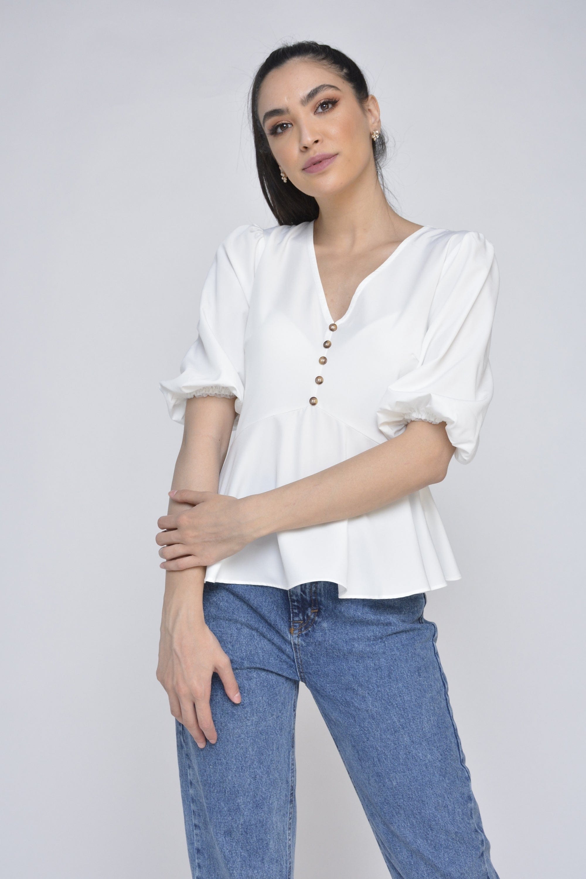 نتشي بلوزة شيفون سبعة بأزرار نص كم بف نسائي