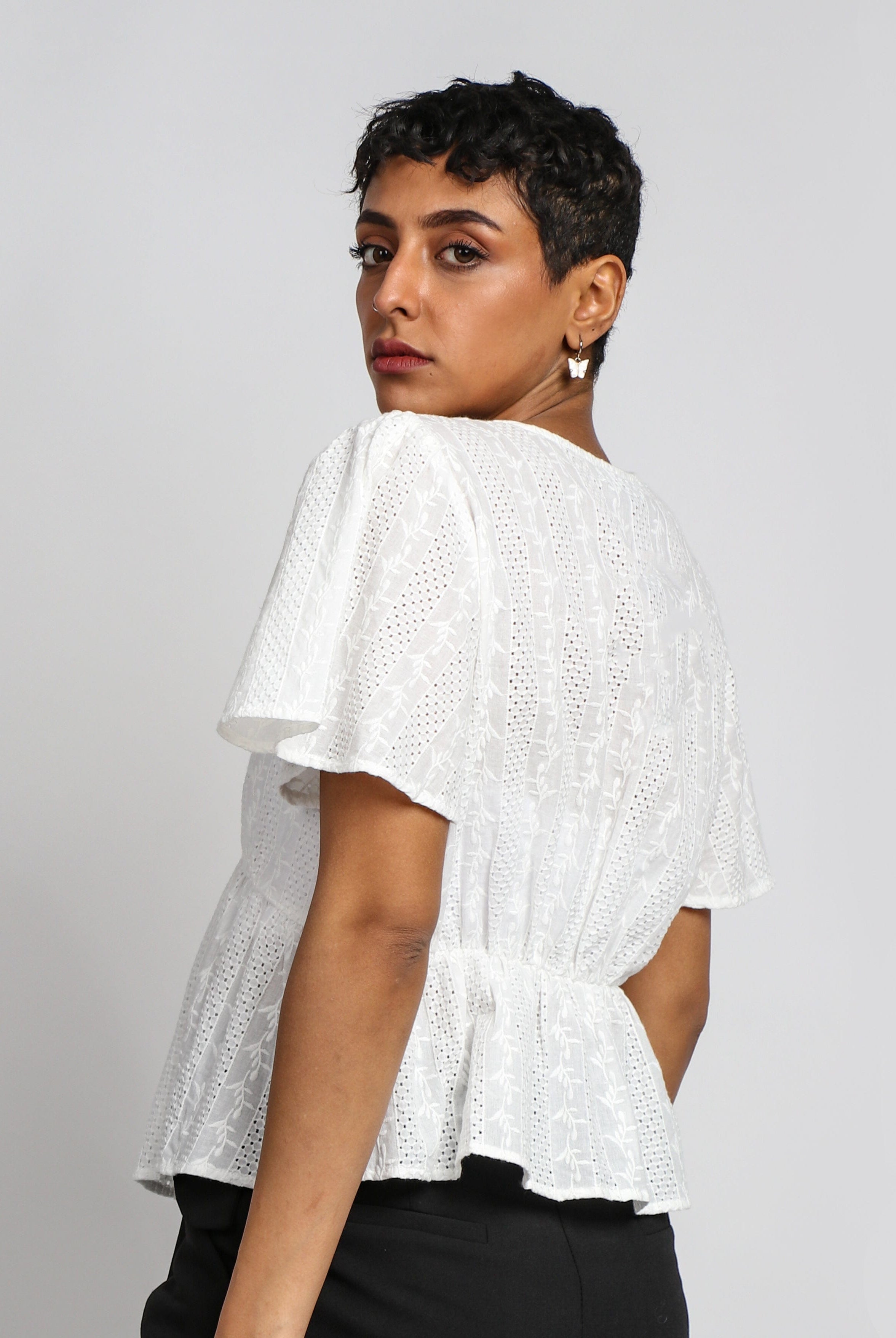 نتشي بلوزة دانتيل مخصر سبعة كم قصير واسع نسائي