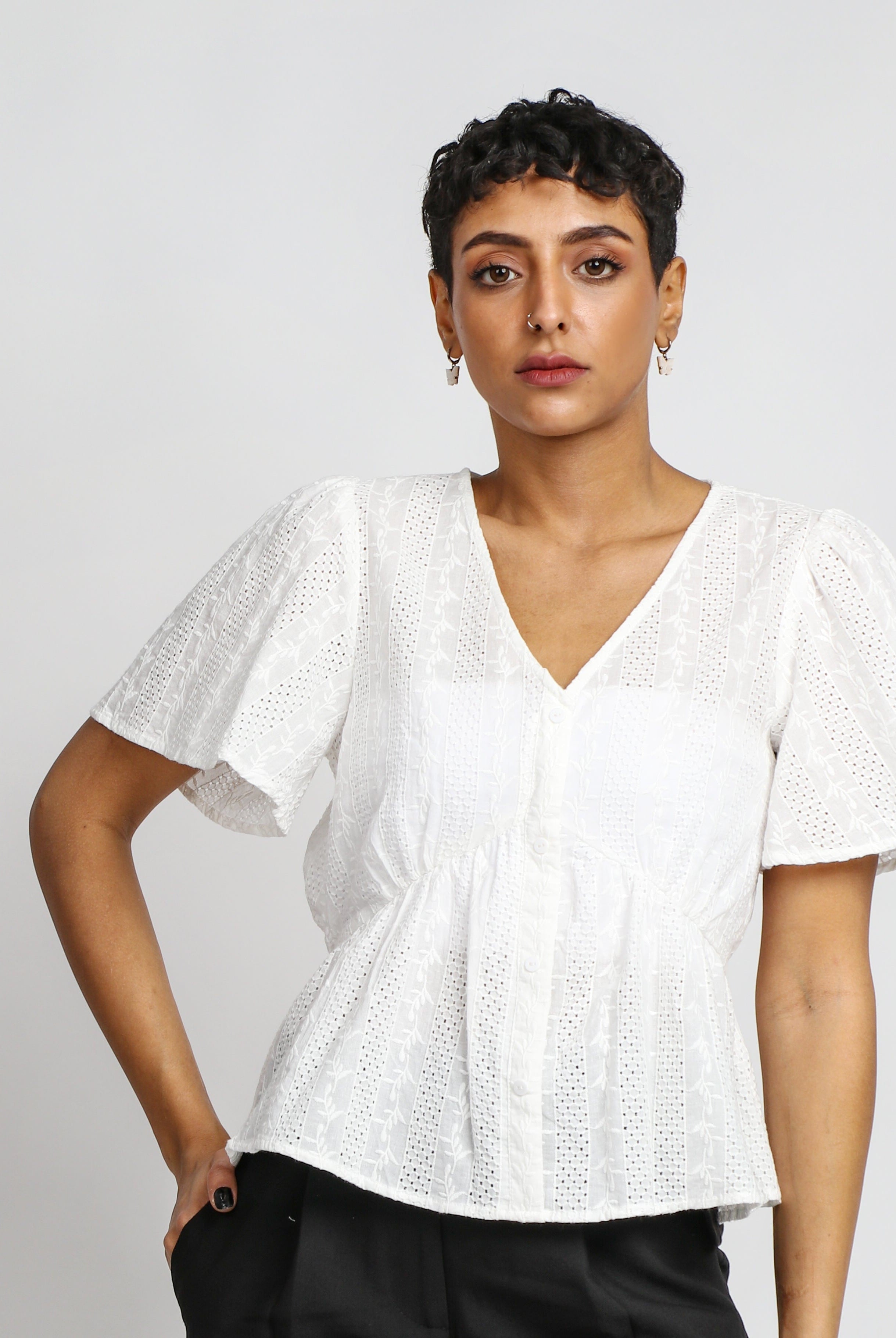 نتشي بلوزة دانتيل مخصر سبعة كم قصير واسع نسائي