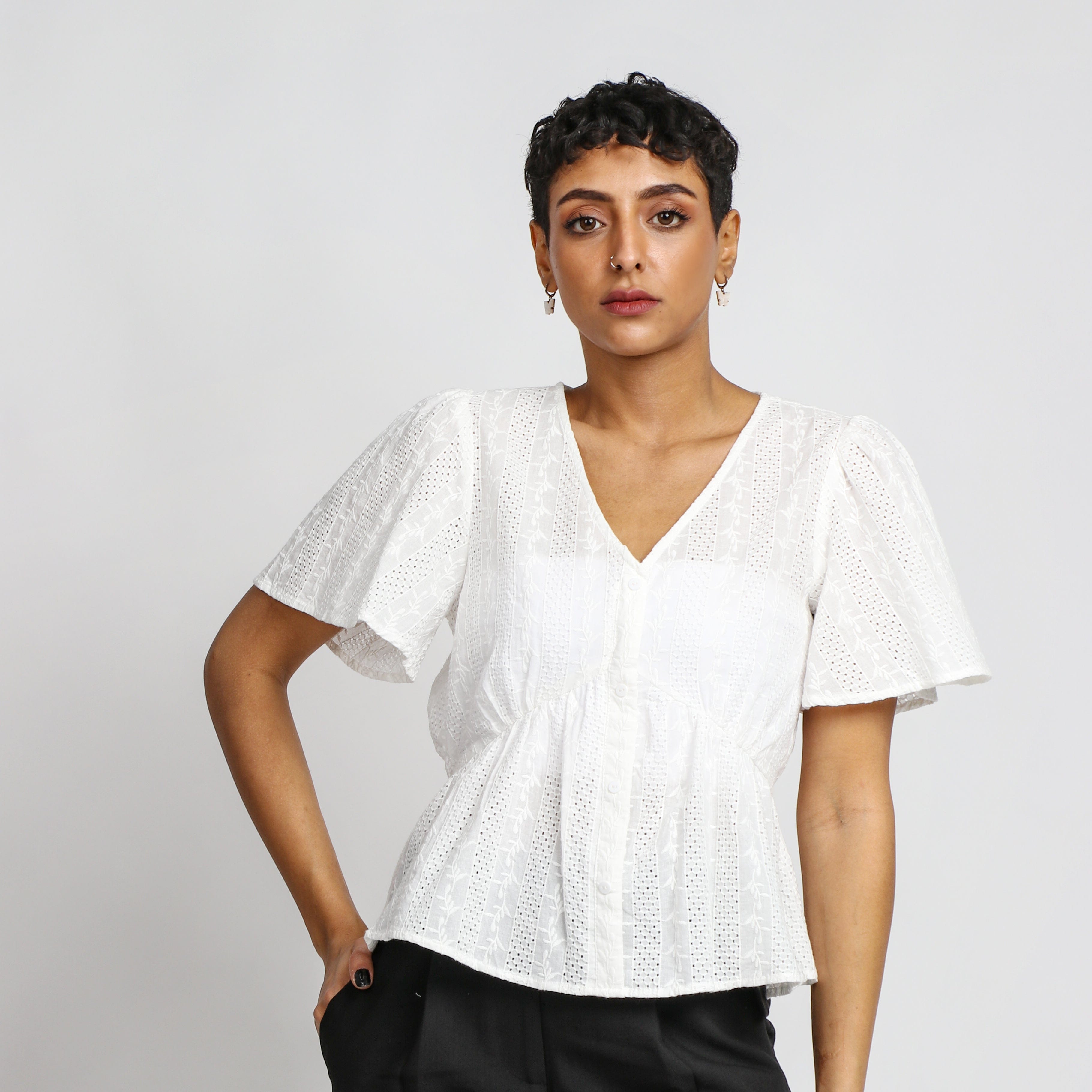 نتشي بلوزة دانتيل مخصر سبعة كم قصير واسع نسائي