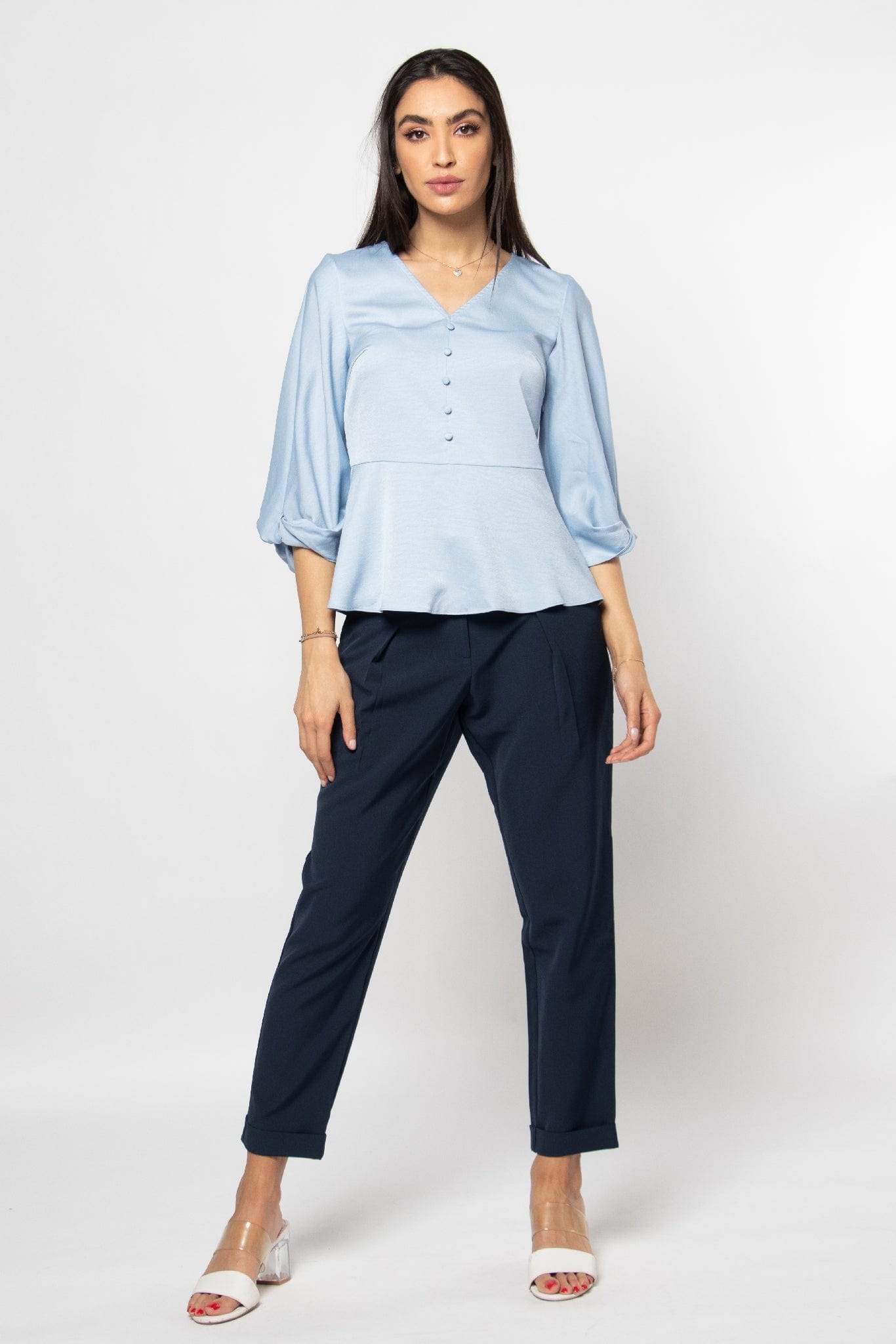 نتشي بلوزة رسمية ناعمة مزينة بأزرار أمامية وخصر كلوش 3/4 كم نسائي