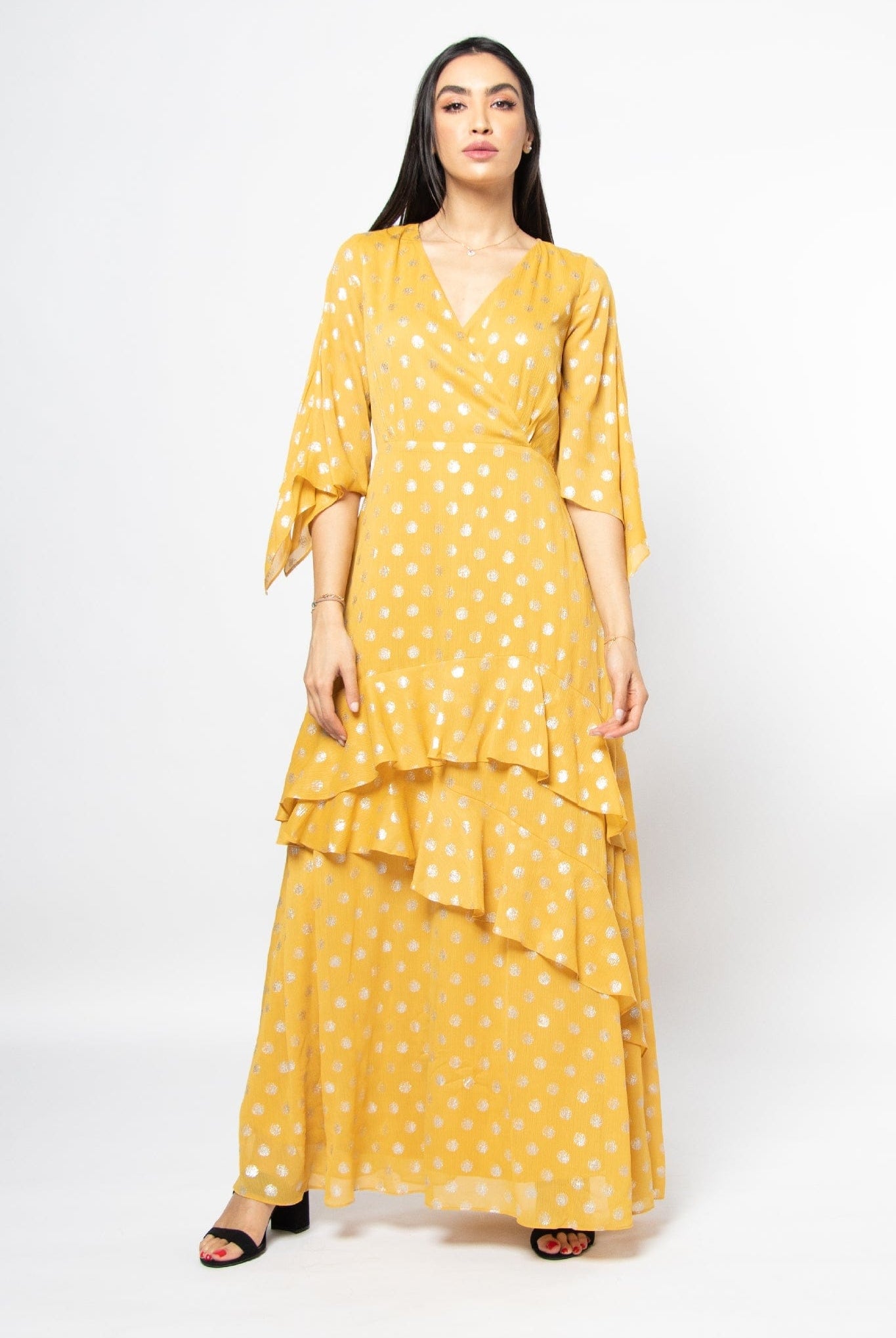 نتشي فستان ماكسي 3/4 كم بفتحة صدر سبعة