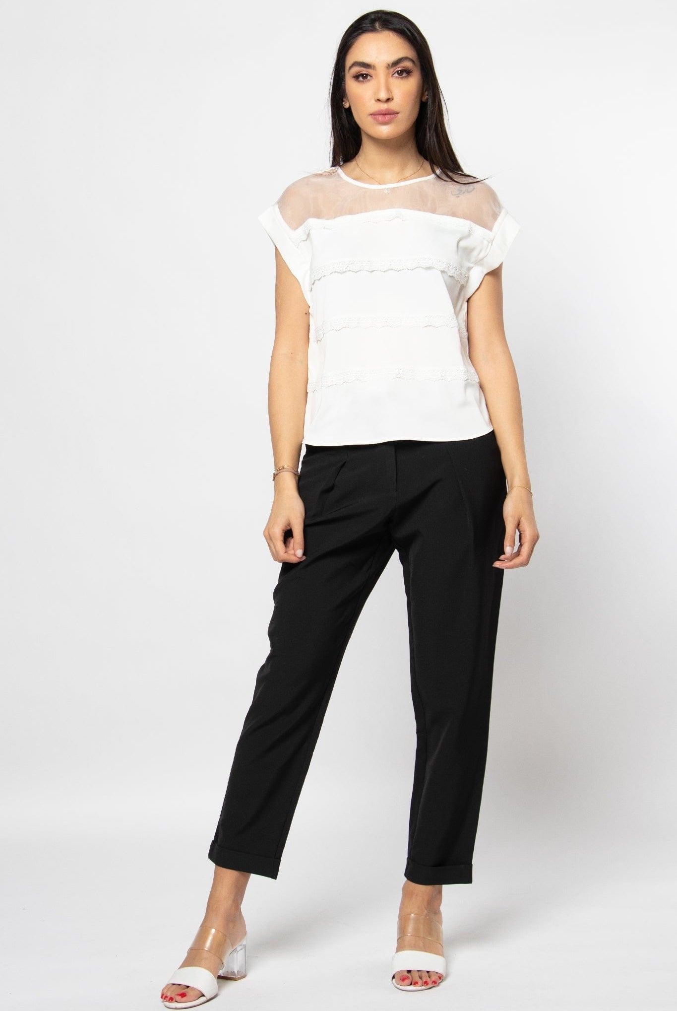 نتشي بلوزة رسمية مزينة بالدانتيل بأكتاف شيفون نسائي