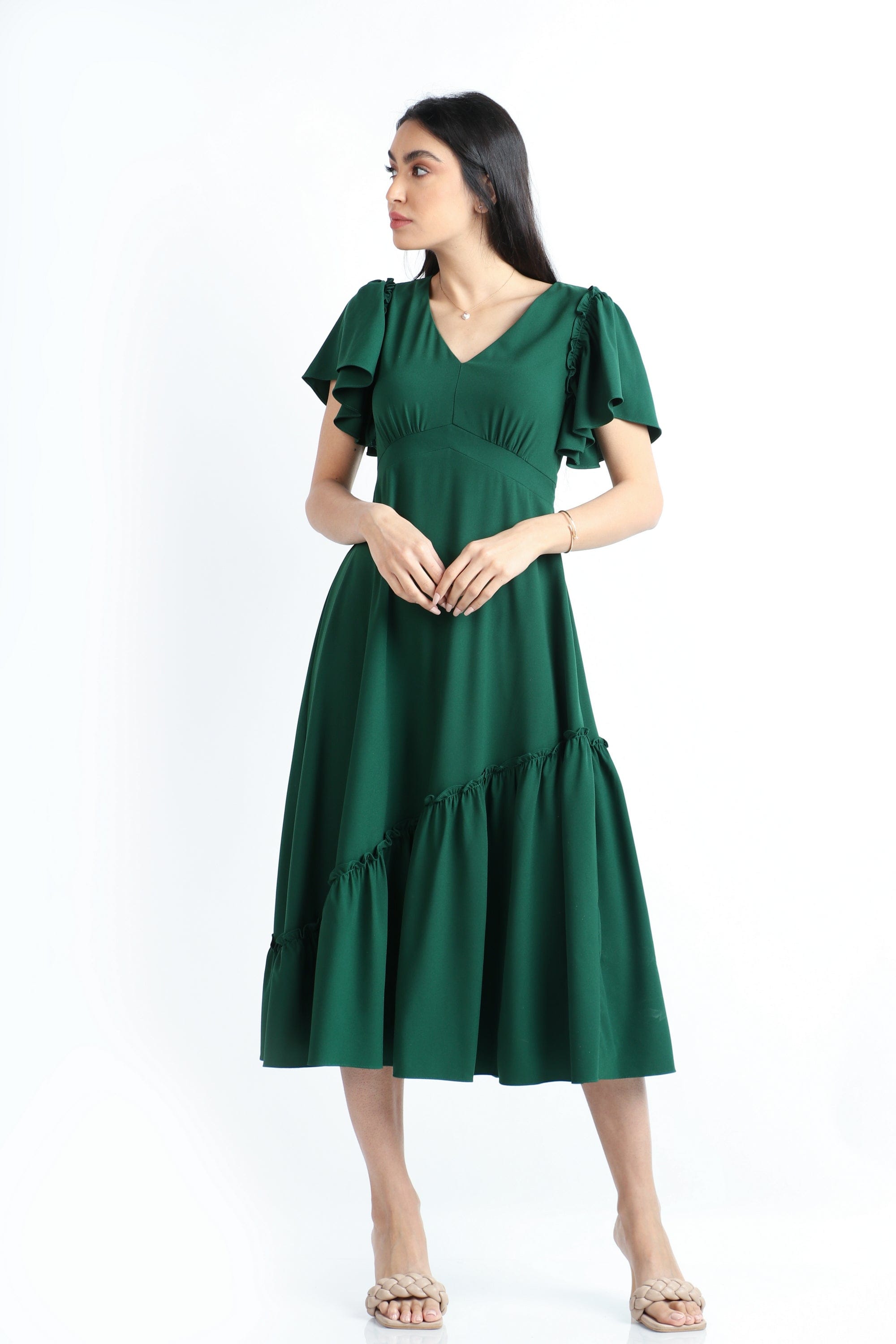 نتشي فستان ميدي سادة ناعم فتحة صدر شكل V بكم قصير