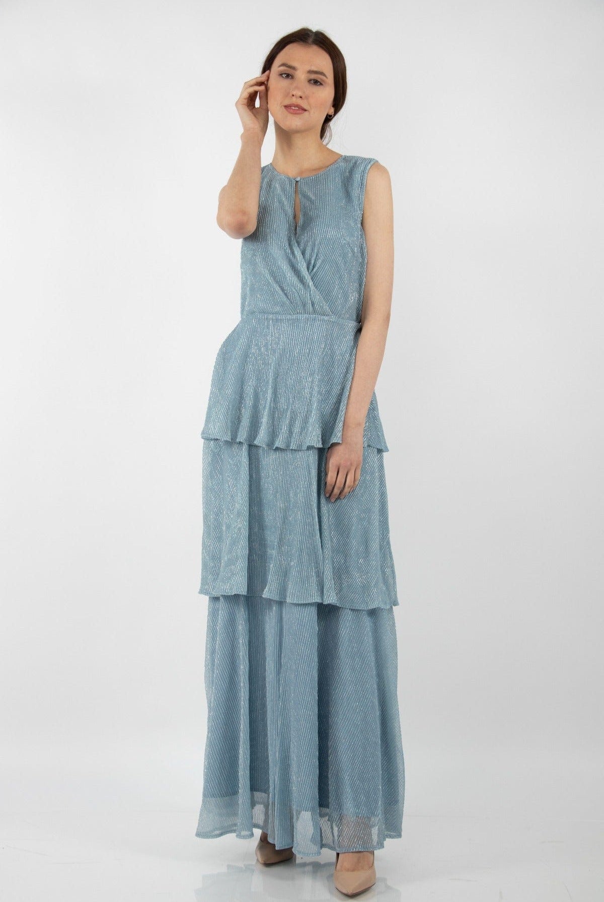 نتشي فستان لامع بفتحة صدر بطبقات مكشكشة ماكسي بدون أكمام