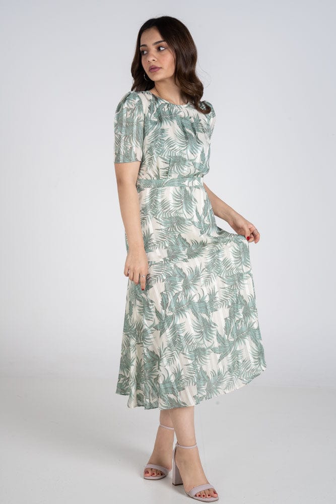 نتشي فستان ميدي مشجر صيفي بكم قصير