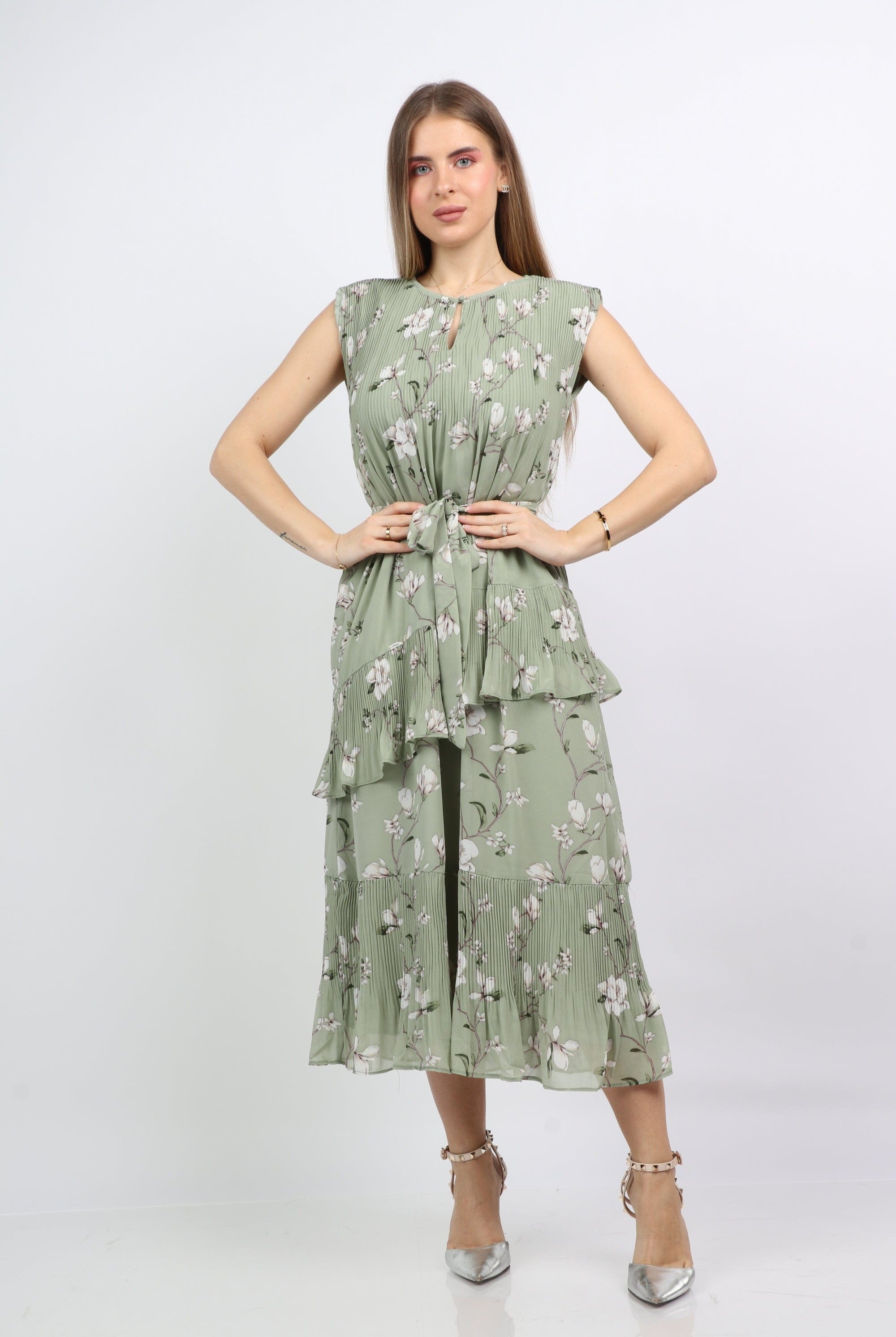 نتشي فستان ميدي مكشكش مشجر بحزام خصر بدون كم