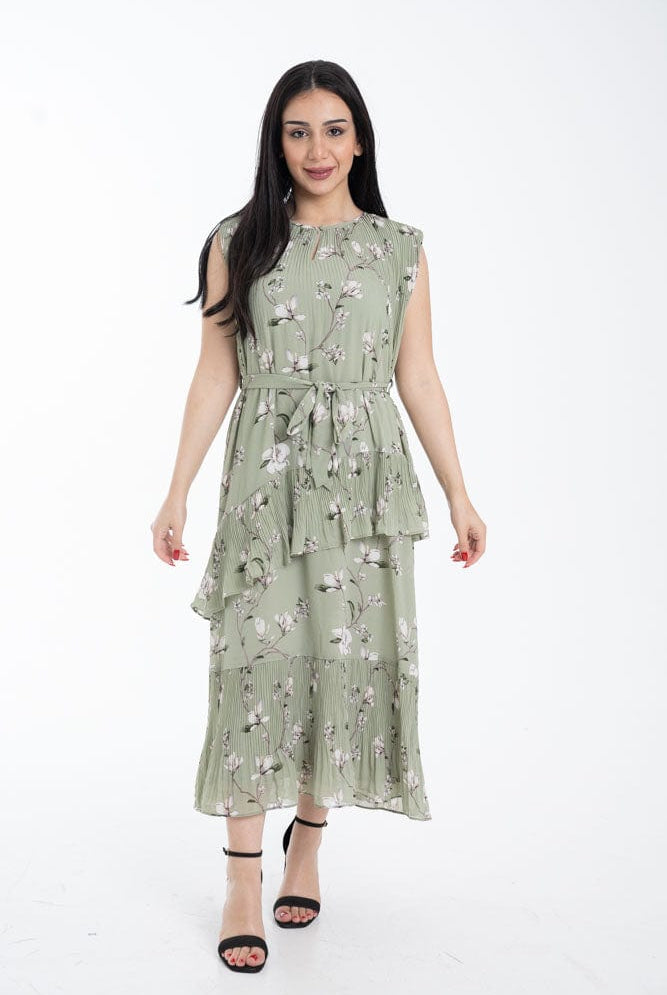 نتشي فستان ميدي مكشكش مشجر بحزام خصر بدون كم