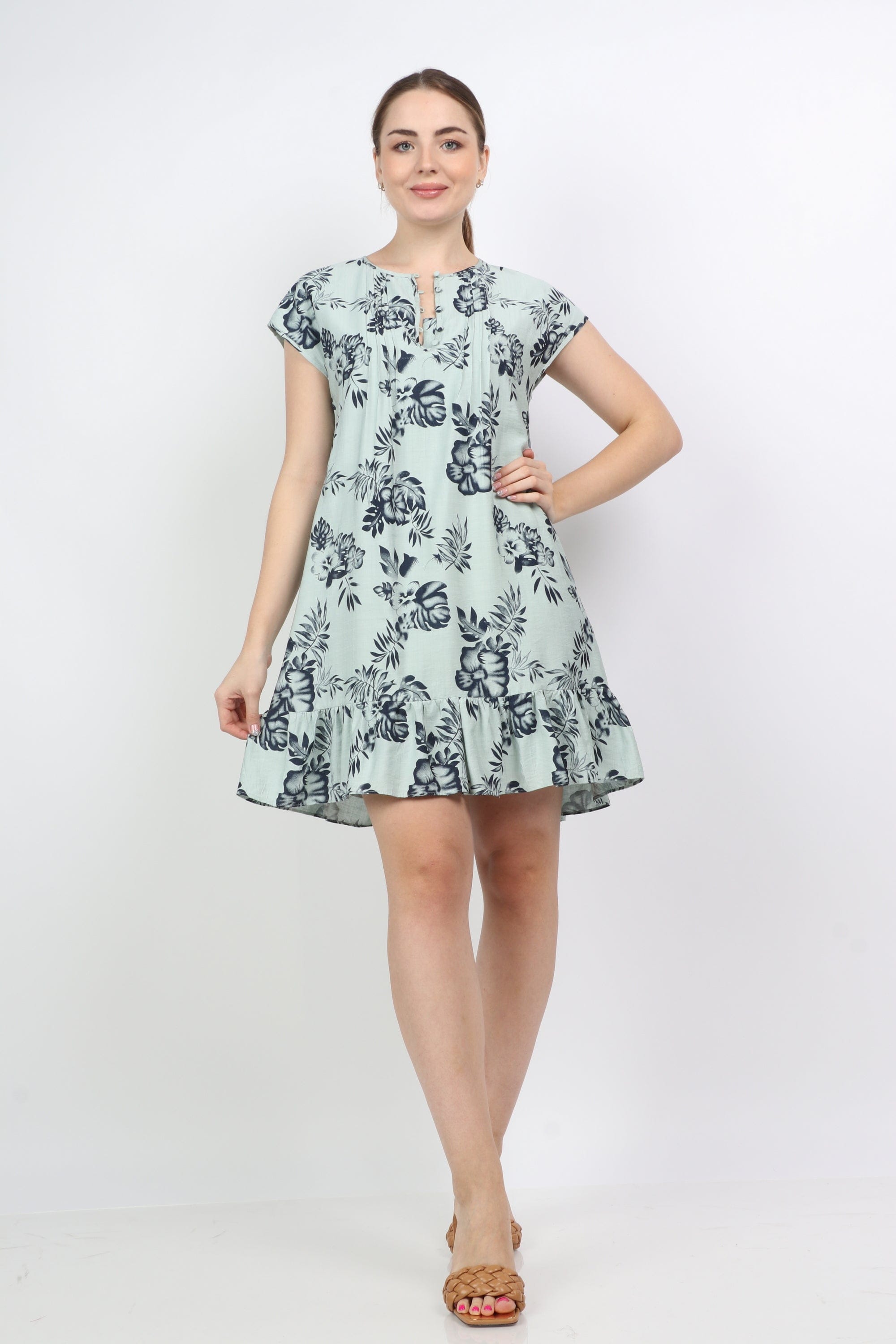 نتشي فستان قصير واسع مشجر بورود بدون كم