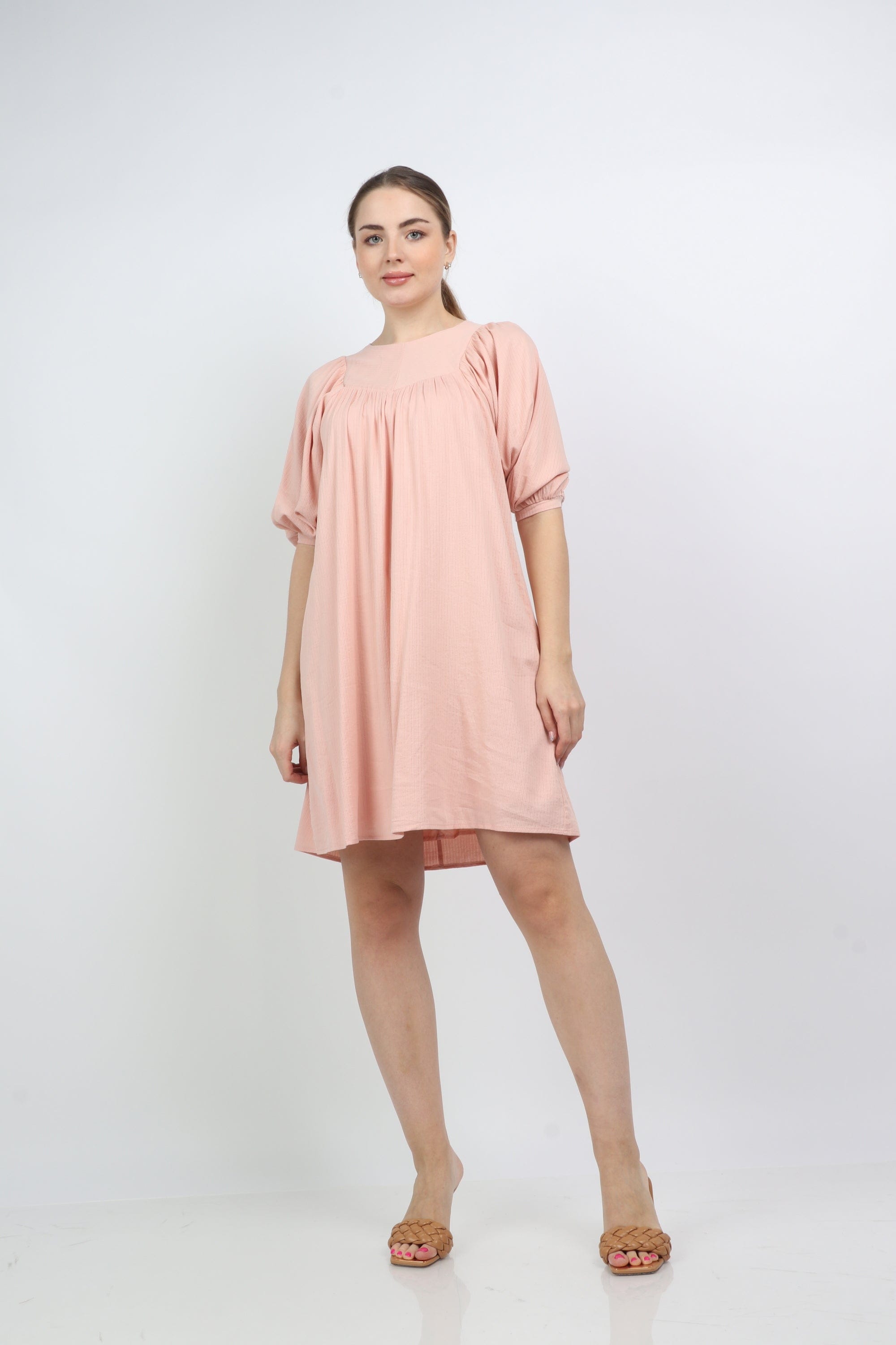 نتشي فستان قصير 3/4 كم سادة من أسفل نسائي