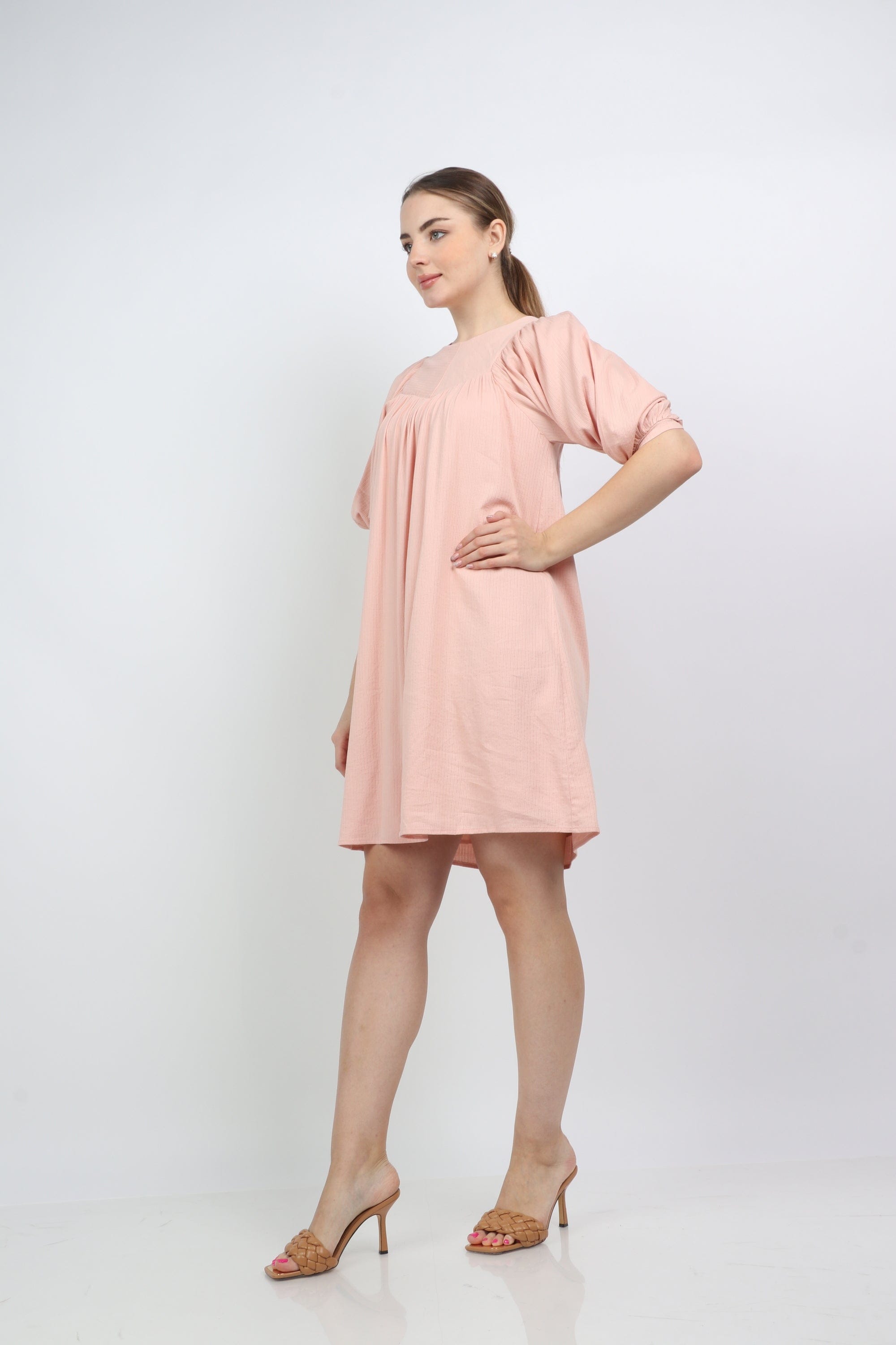 نتشي فستان قصير 3/4 كم سادة من أسفل نسائي