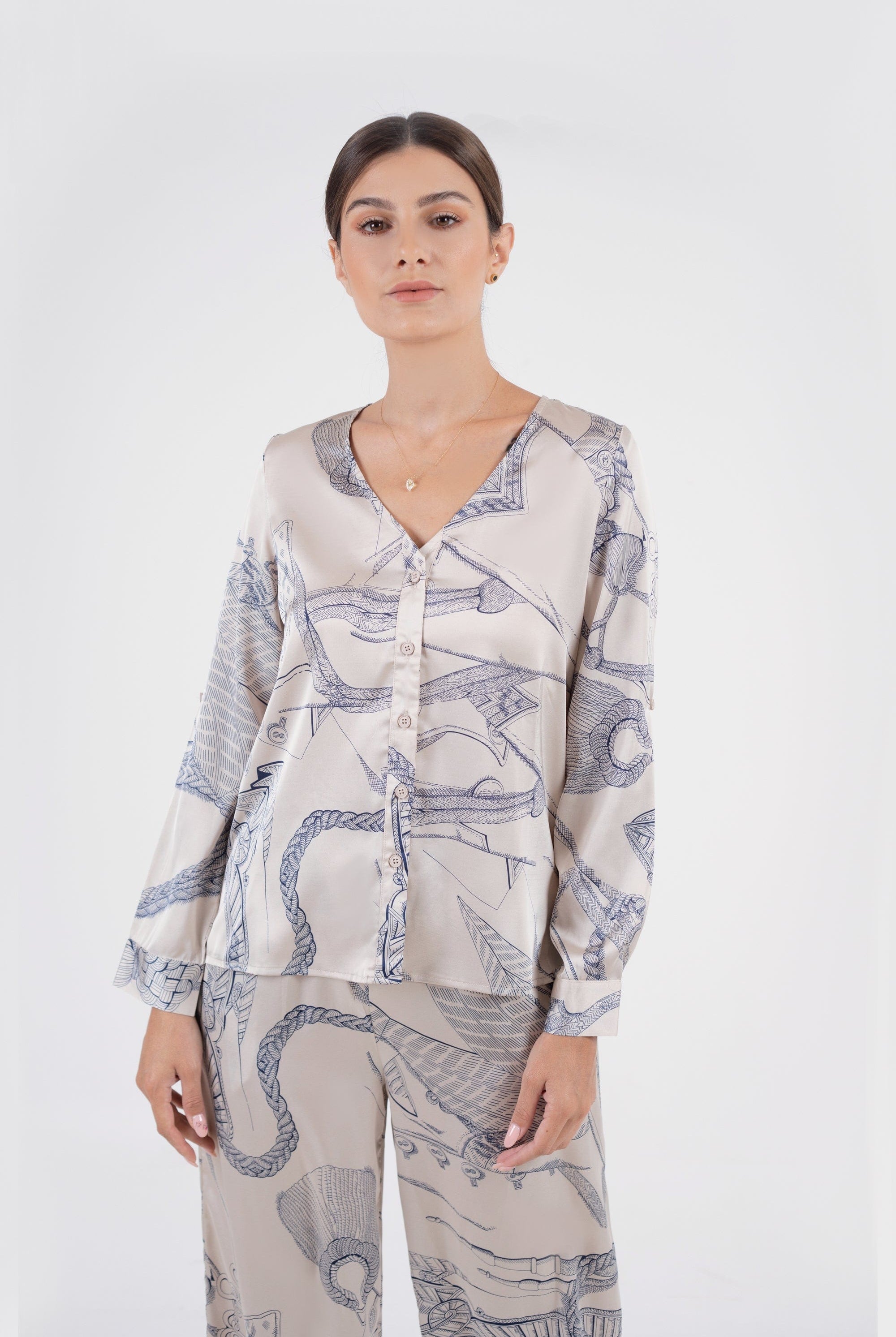 نتشي قميص نقشة زيبرا برقبة سبعة وكم طويل نسائي