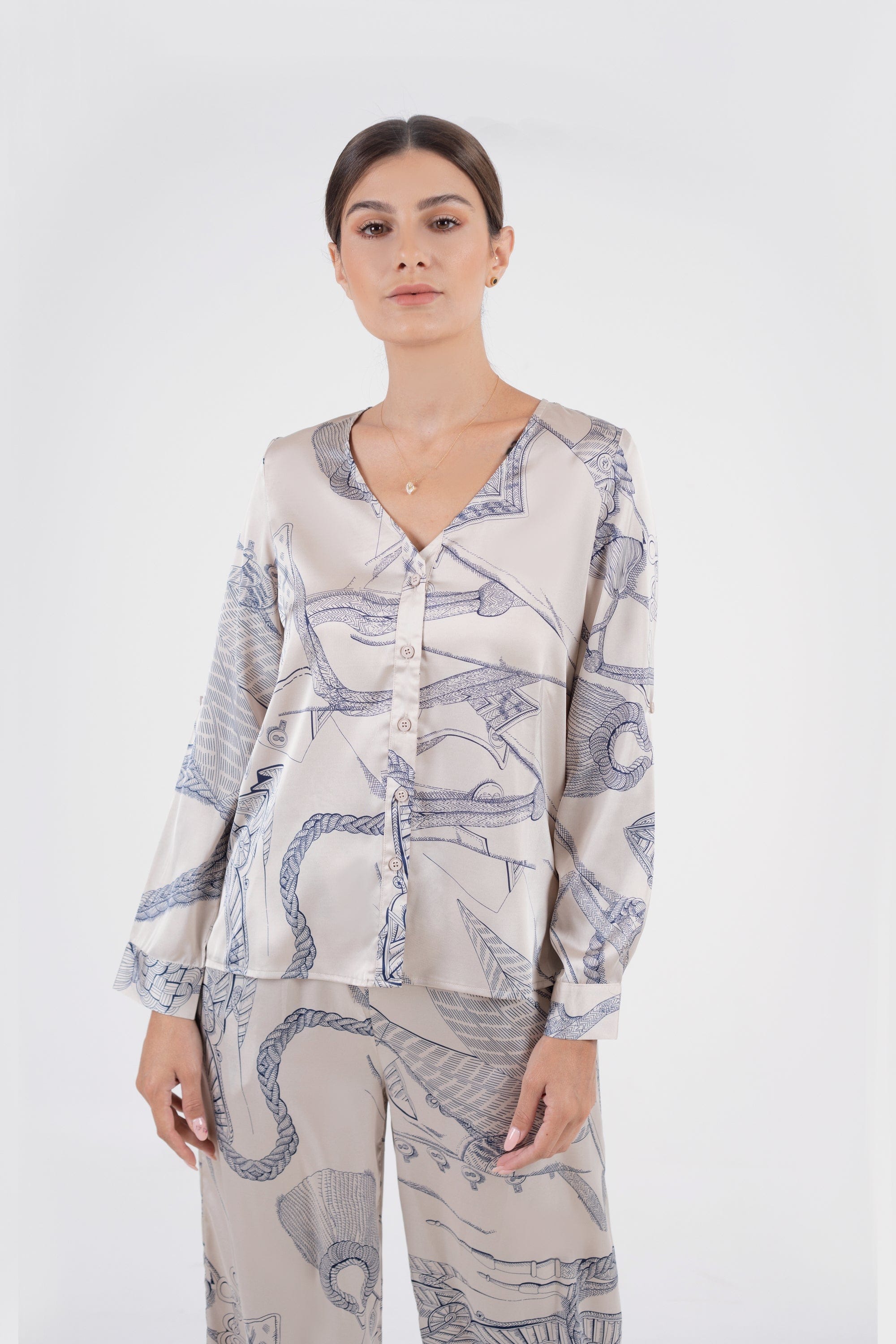 نتشي قميص نقشة زيبرا برقبة سبعة وكم طويل نسائي