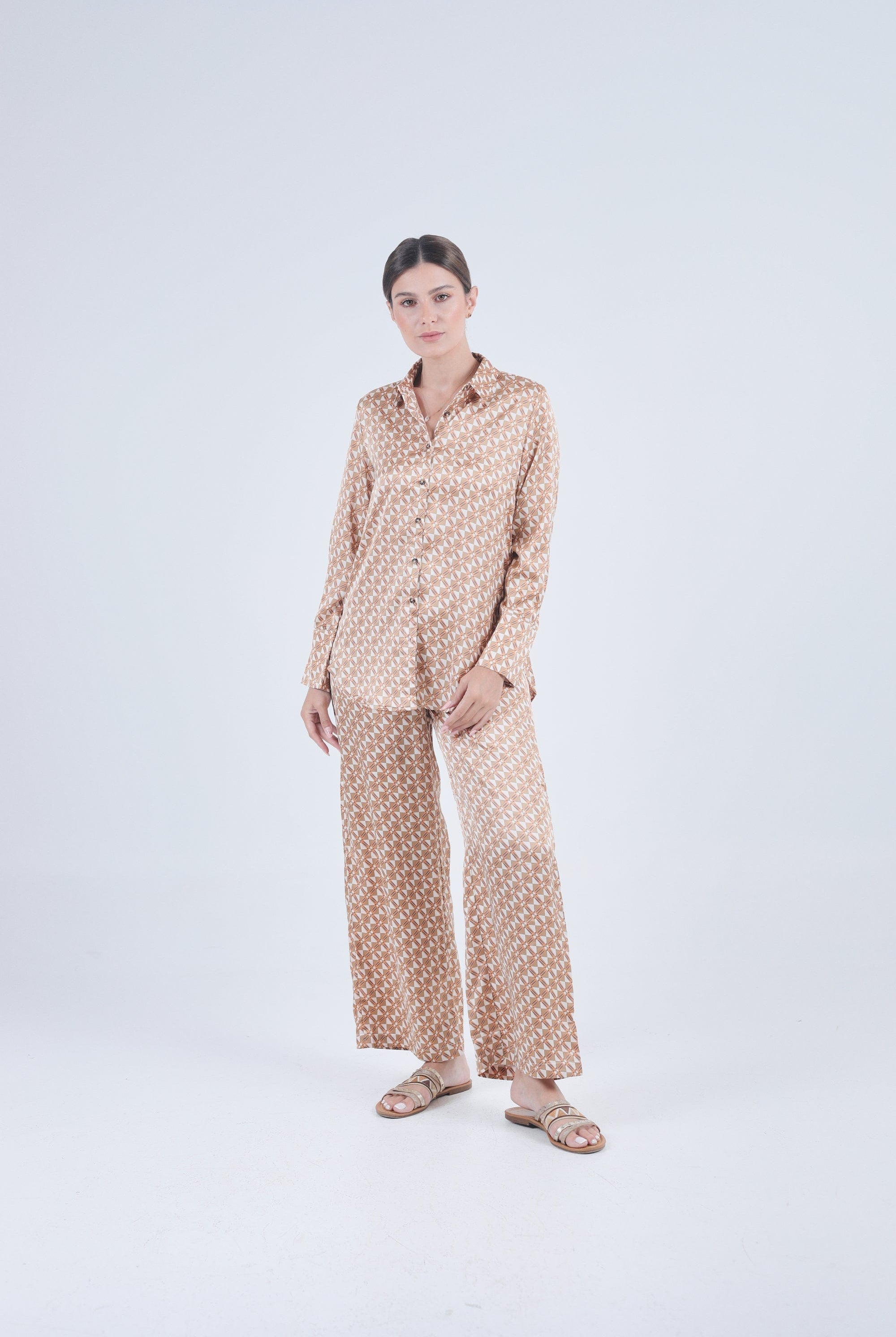 نتشي قميص منقوش ناعم كم طويل نسائي