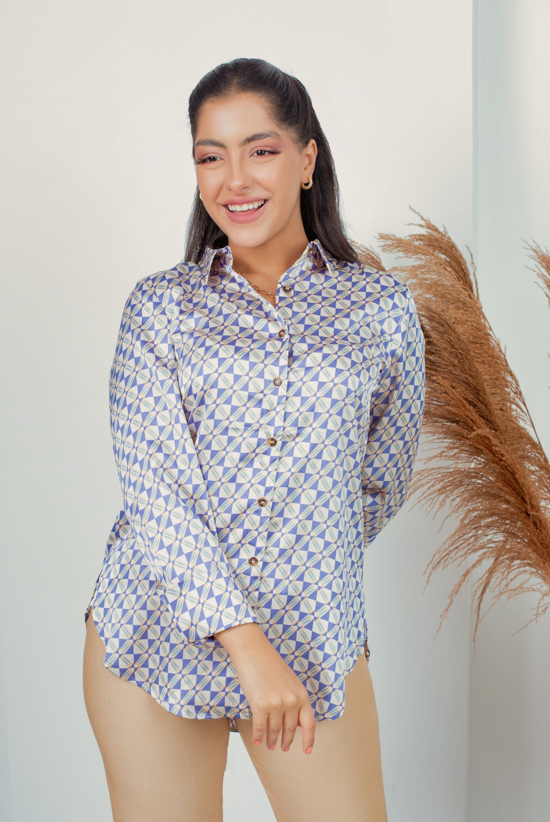 نتشي قميص منقوش ناعم كم طويل نسائي