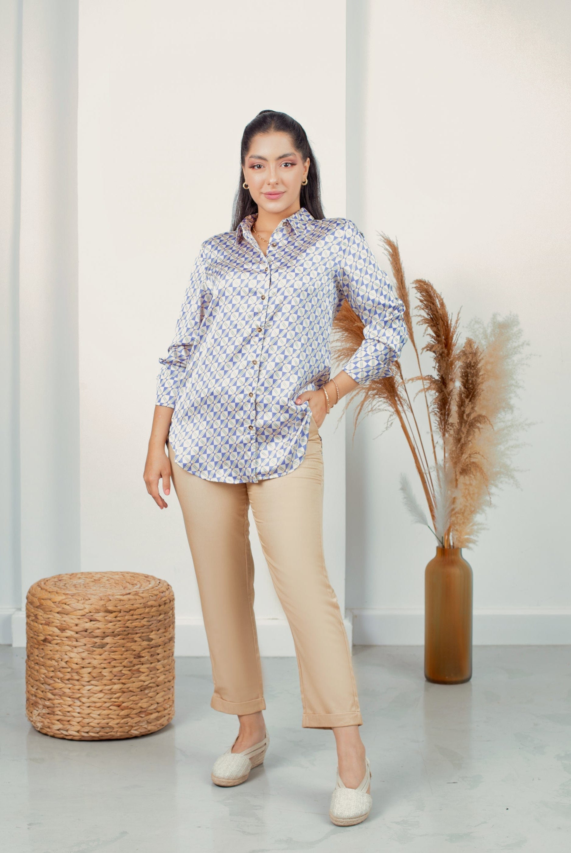 نتشي قميص منقوش ناعم كم طويل نسائي