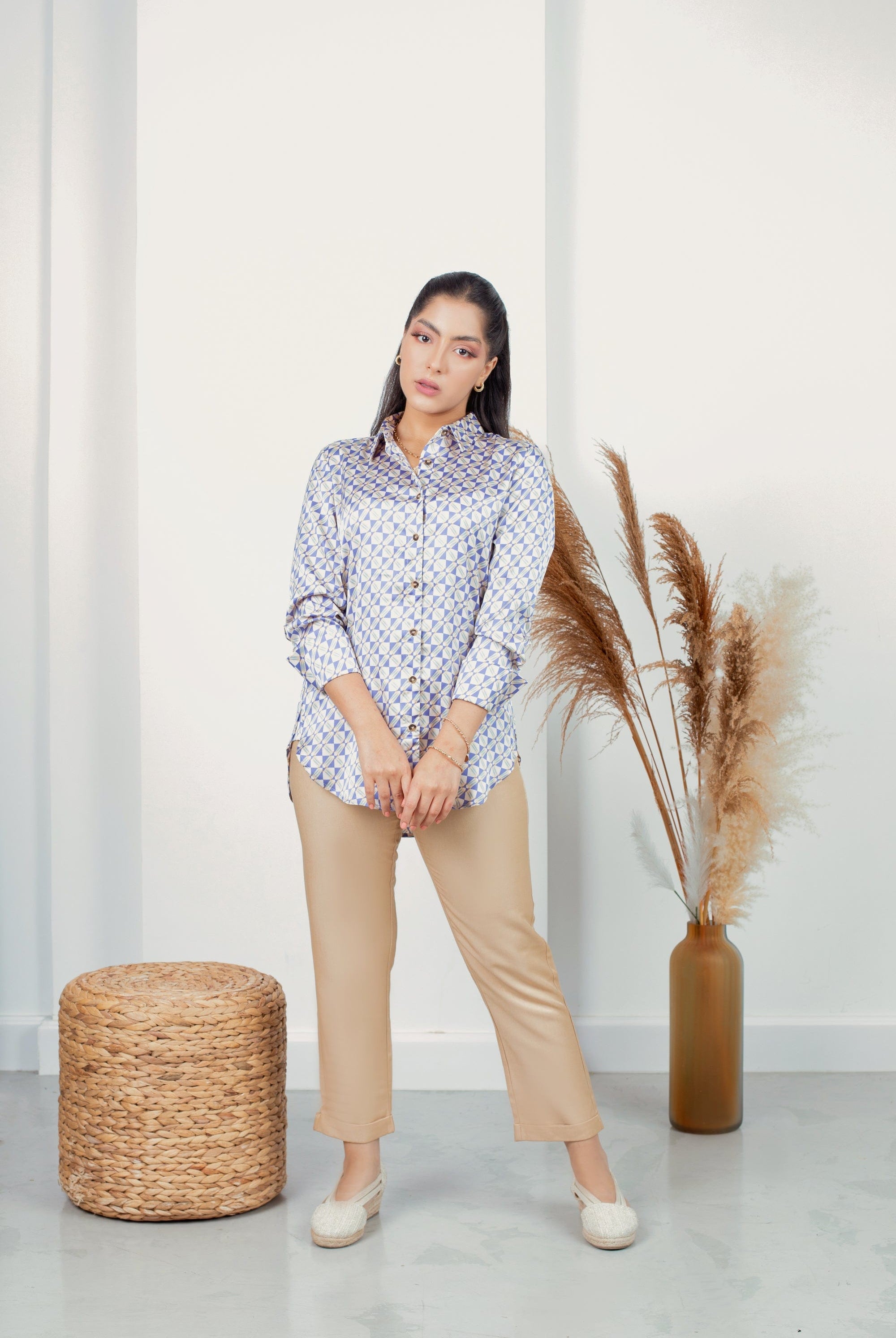 نتشي قميص منقوش ناعم كم طويل نسائي