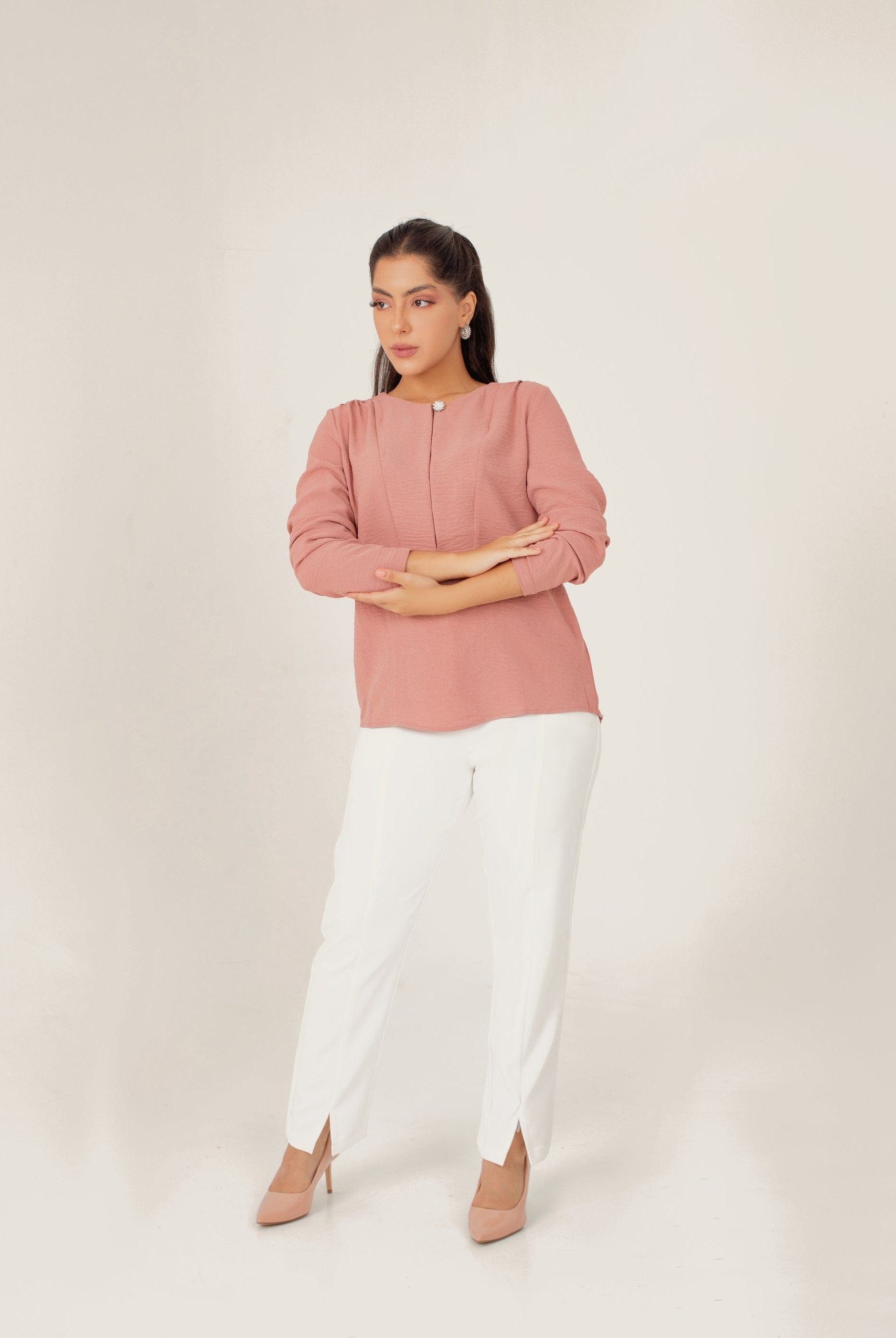 نتشي بلوزة رسمية سادة ناعمة بزرار واحد كم طويل نسائي