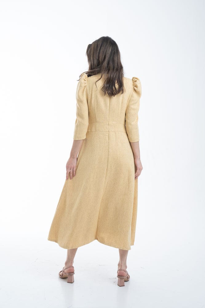 نتشي فستان ميدي بأكمام منفوخة أصفر