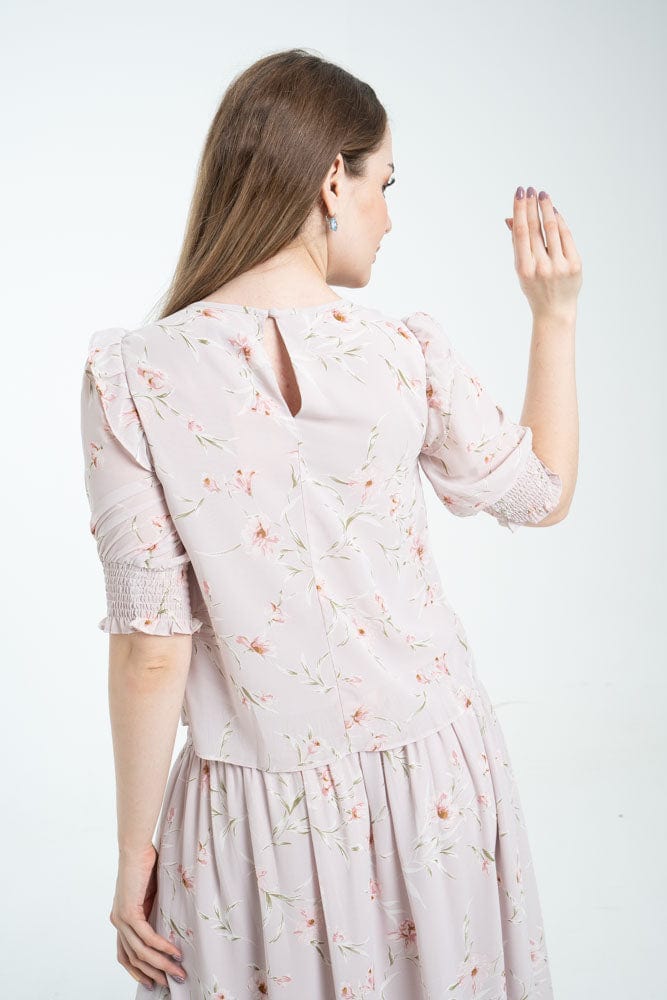 نتشي بلوزة 3/4 كم منفوخة بجزء مطاطي على الخصر ازرق/زهري