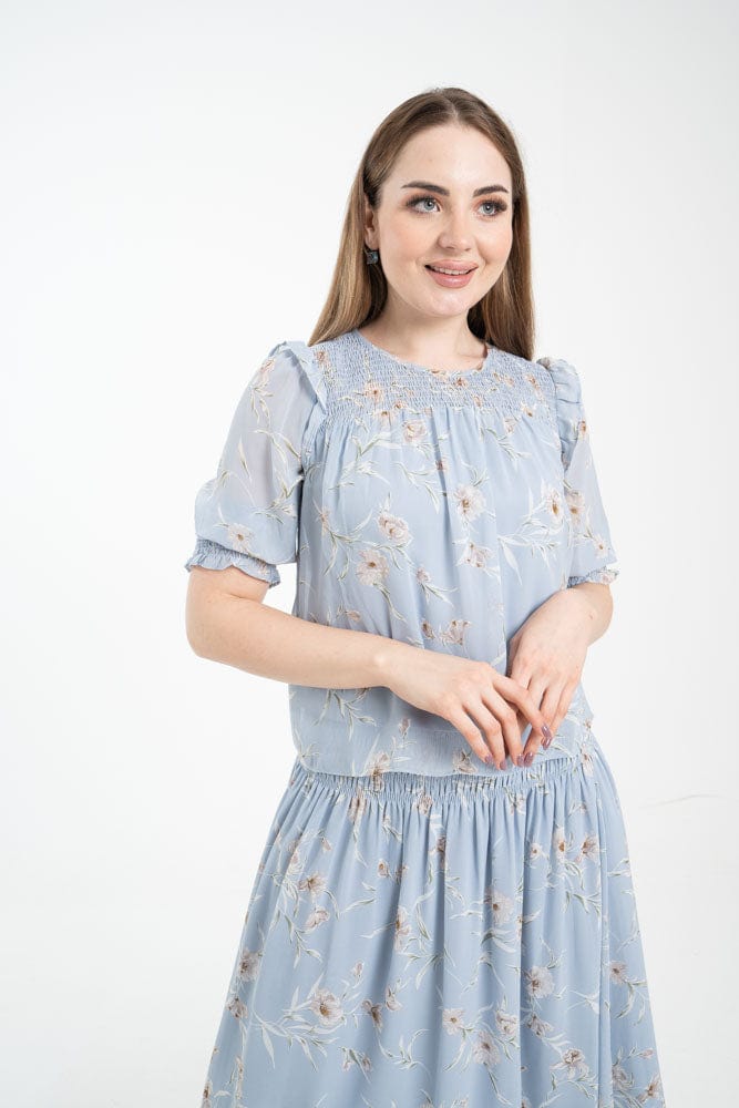 نتشي بلوزة 3/4 كم منفوخة بجزء مطاطي على الخصر ازرق/زهري