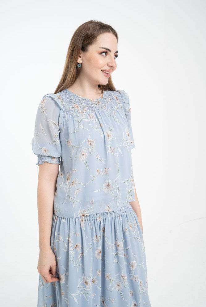 نتشي بلوزة 3/4 كم منفوخة بجزء مطاطي على الخصر ازرق/زهري