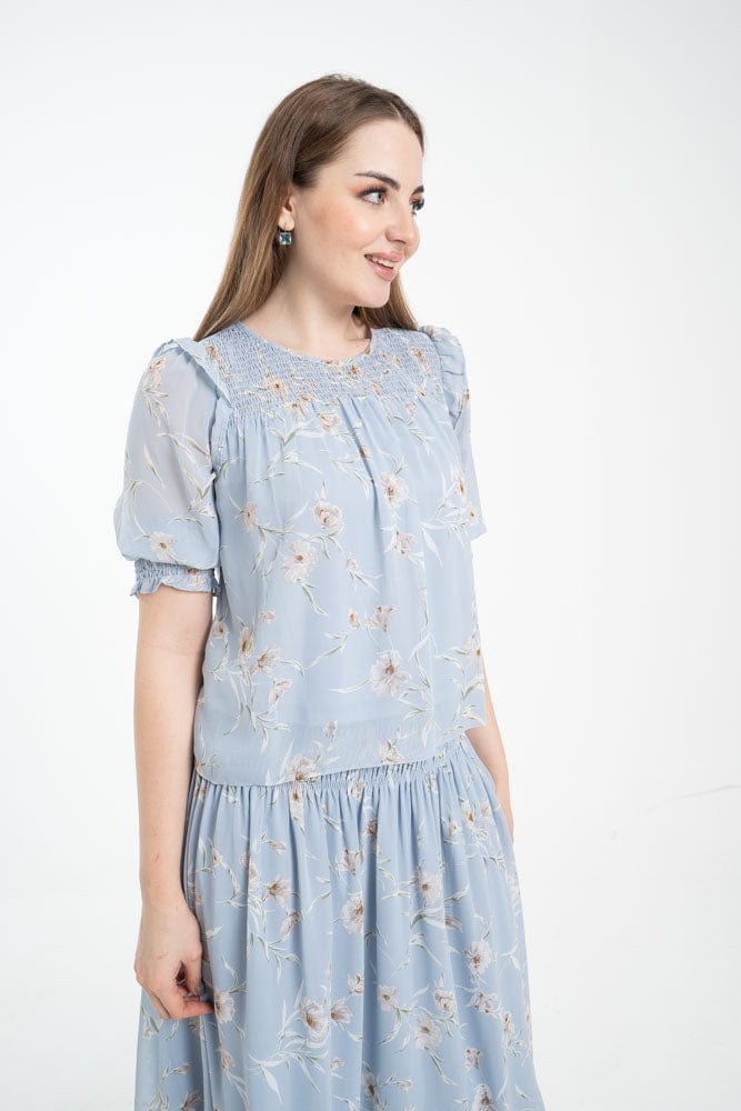 نتشي بلوزة 3/4 كم منفوخة بجزء مطاطي على الخصر ازرق/زهري