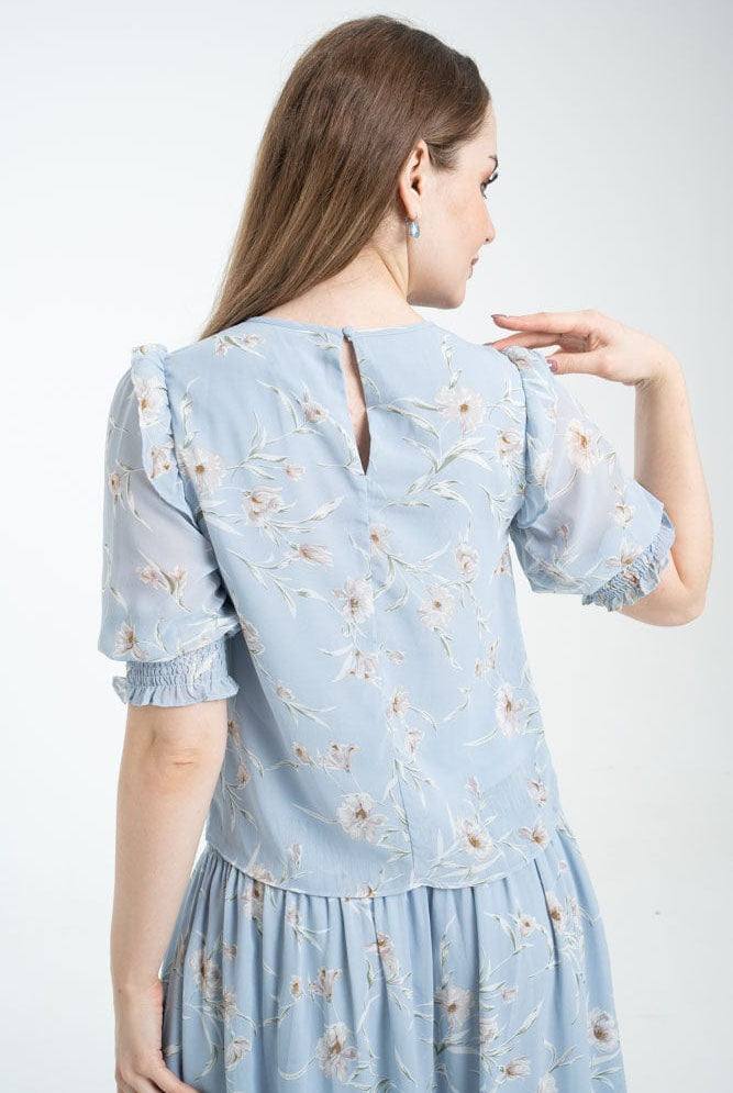 نتشي بلوزة 3/4 كم منفوخة بجزء مطاطي على الخصر ازرق/زهري