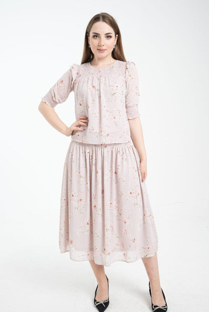 نتشي بلوزة 3/4 كم منفوخة بجزء مطاطي على الخصر ازرق/زهري