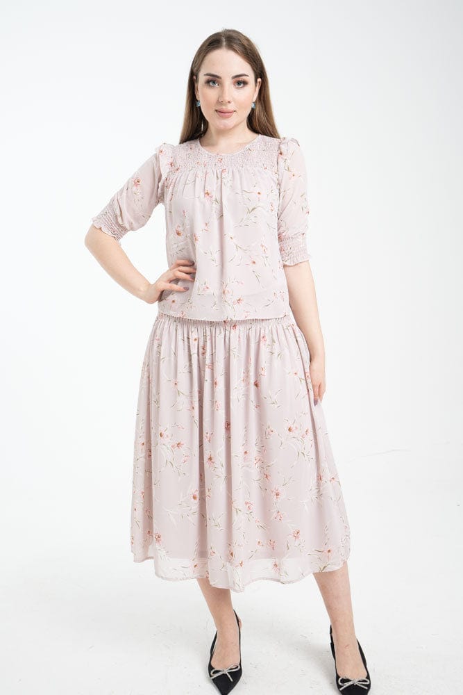 نتشي بلوزة 3/4 كم منفوخة بجزء مطاطي على الخصر ازرق/زهري