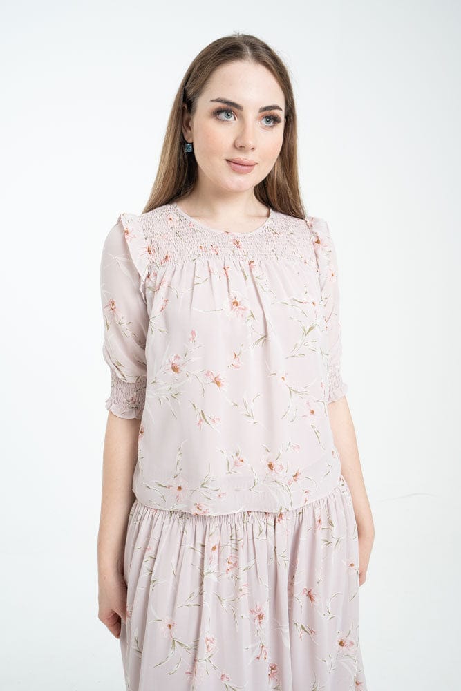 نتشي بلوزة 3/4 كم منفوخة بجزء مطاطي على الخصر ازرق/زهري