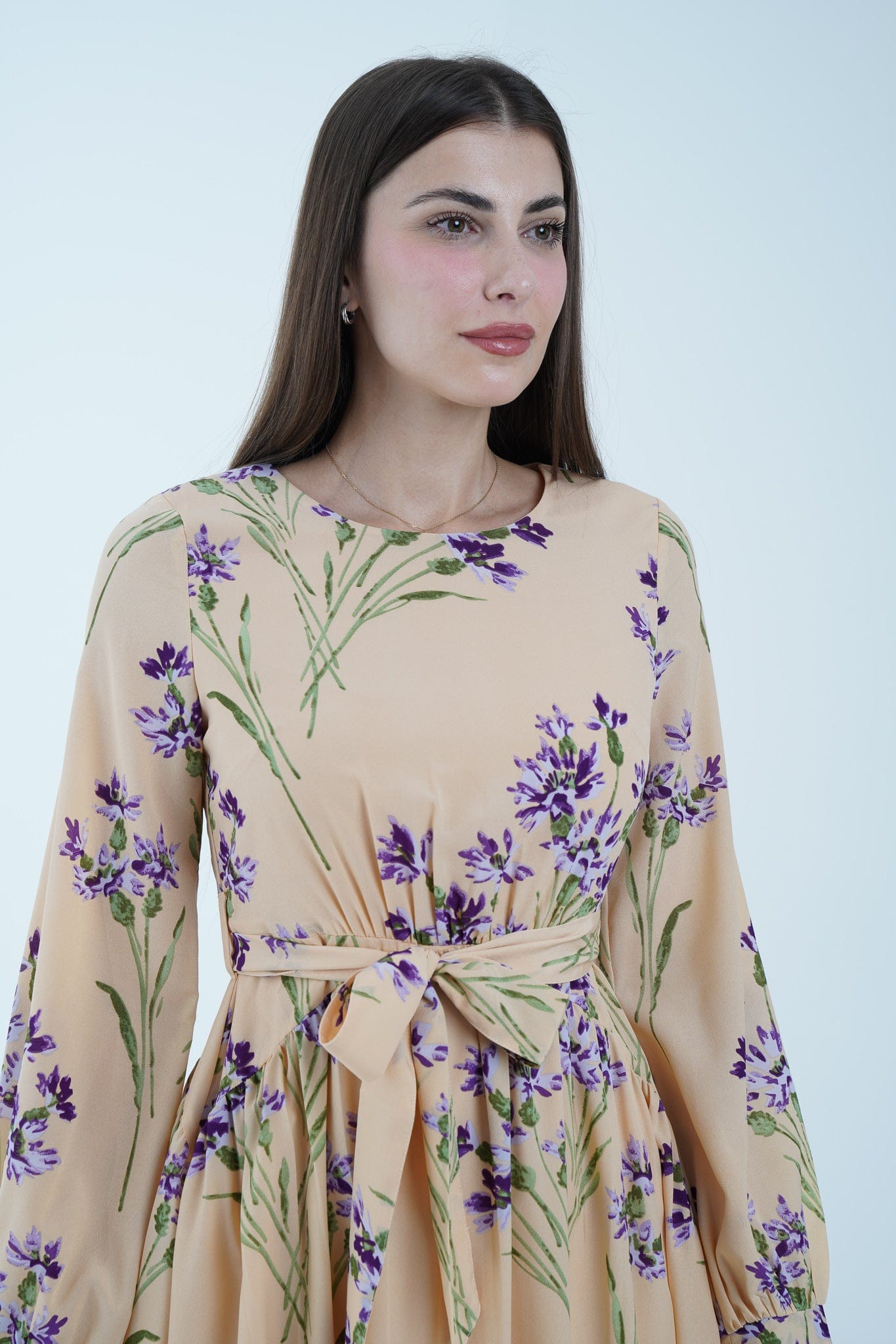 نتشي فستان ميدي مشجر مخصر بحزام على الوسط كم طويل بف نسائي