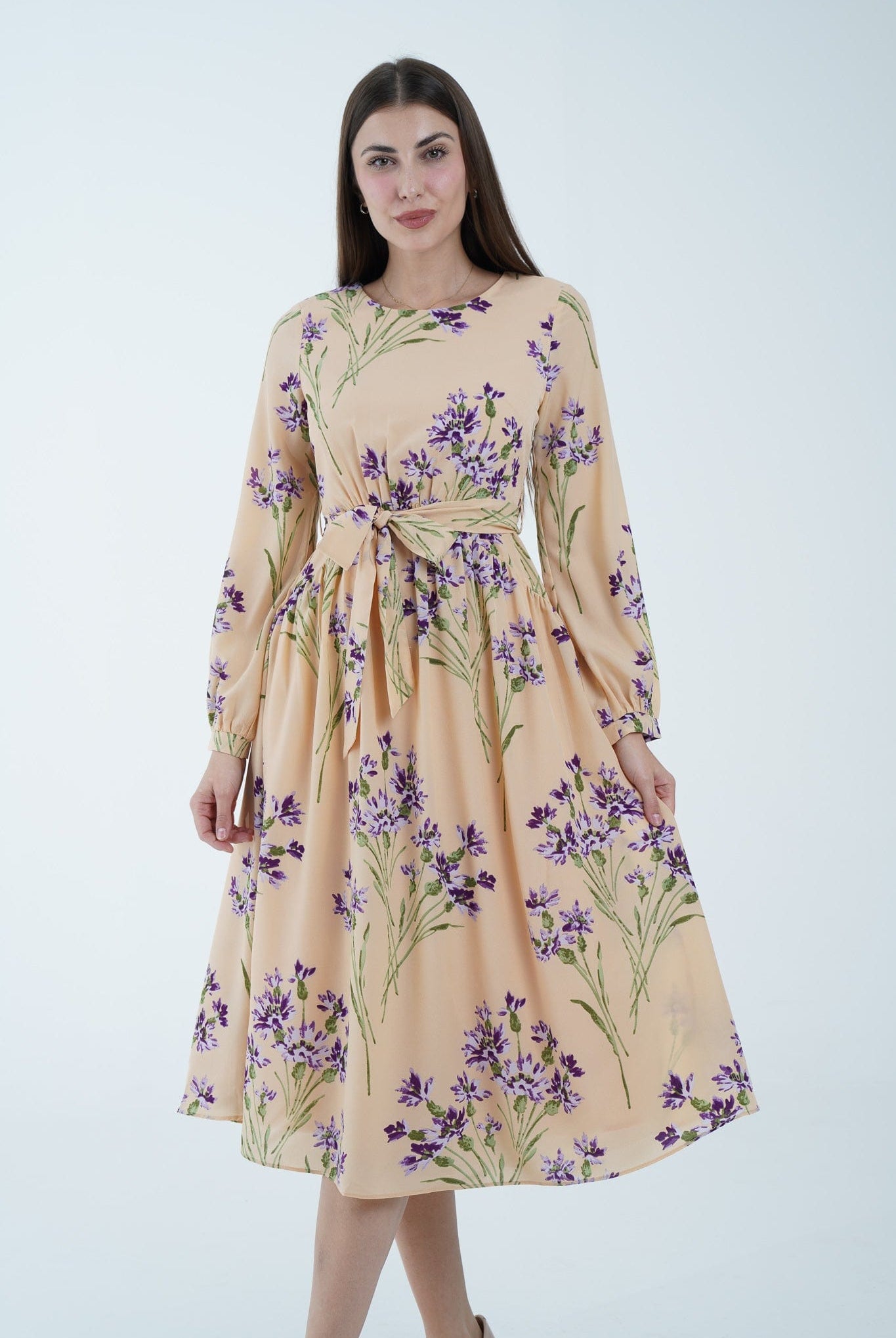 نتشي فستان ميدي مشجر مخصر بحزام على الوسط كم طويل بف نسائي