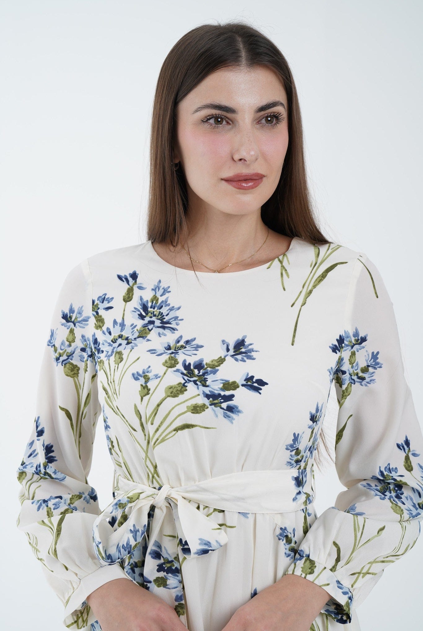 نتشي فستان ميدي مشجر مخصر بحزام على الوسط كم طويل بف نسائي