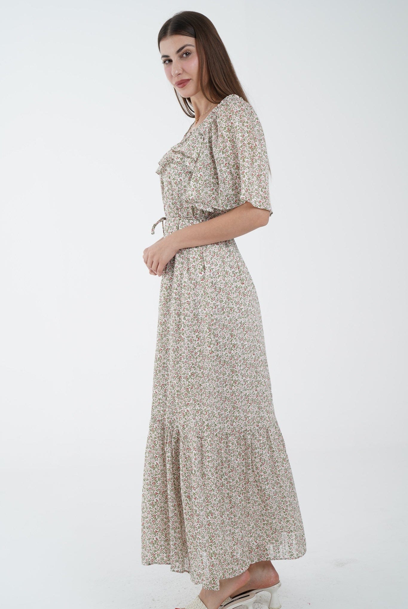 نتشي فستان ماكسي مخصر بحزام على الخصر نص كم مفتوح نسائي