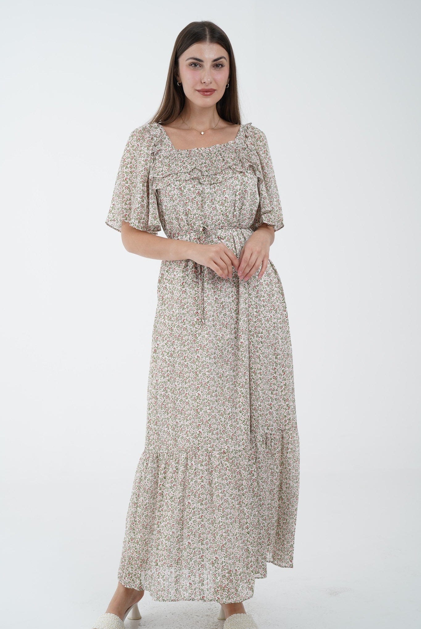 نتشي فستان ماكسي مخصر بحزام على الخصر نص كم مفتوح نسائي